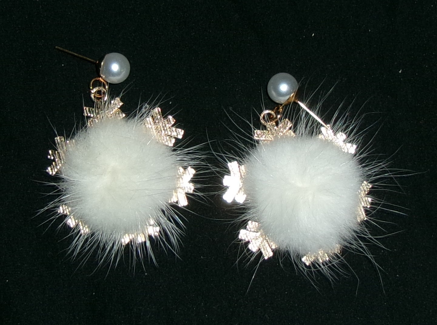 Snowflake WINTER Earrings Clear Rhinestones Faux Fur Back Pierced NEW