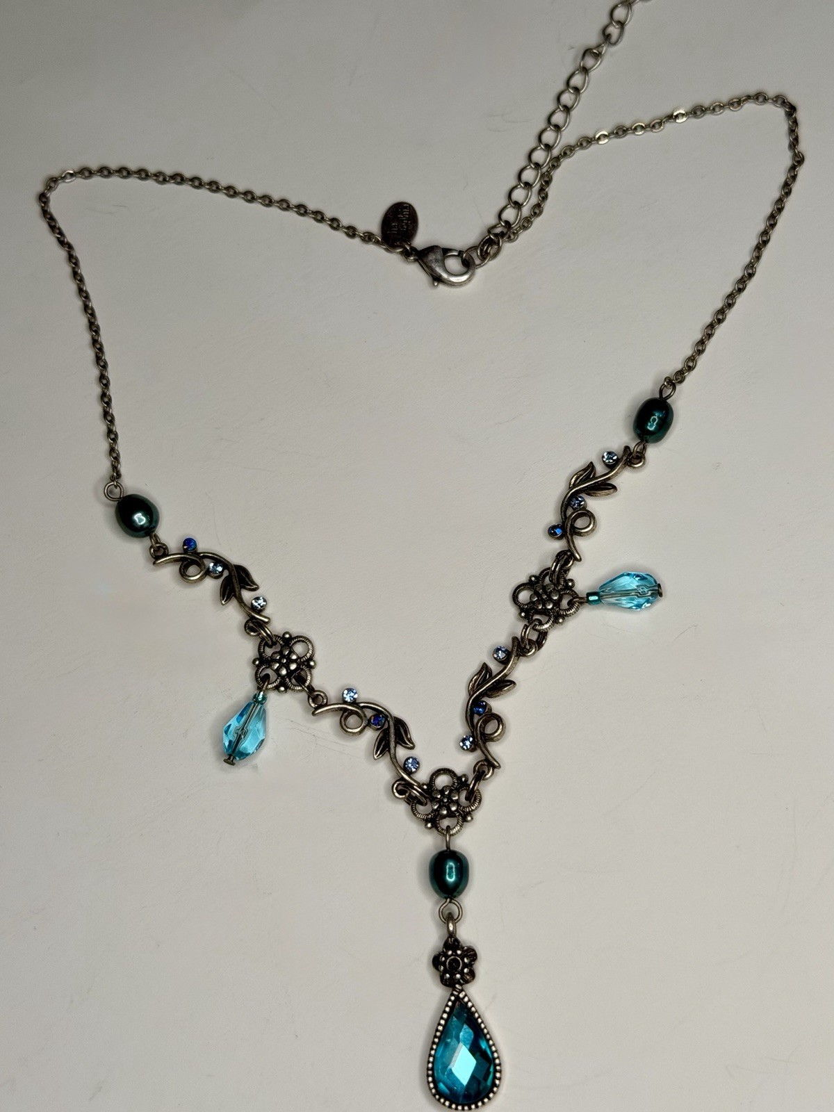 Lia Sophia Peacock Blue Crystal Necklace & Earrings Set Floral Silver Tone
