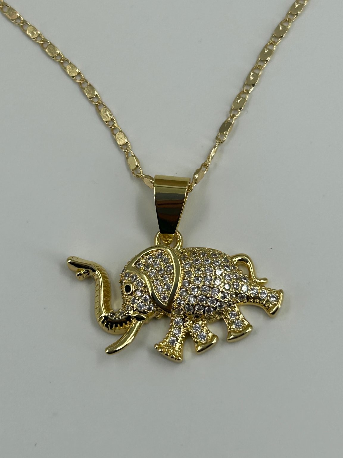 Gold Tone Elephant Pendant Necklace 18 Inch Chain Rhinestone Detail