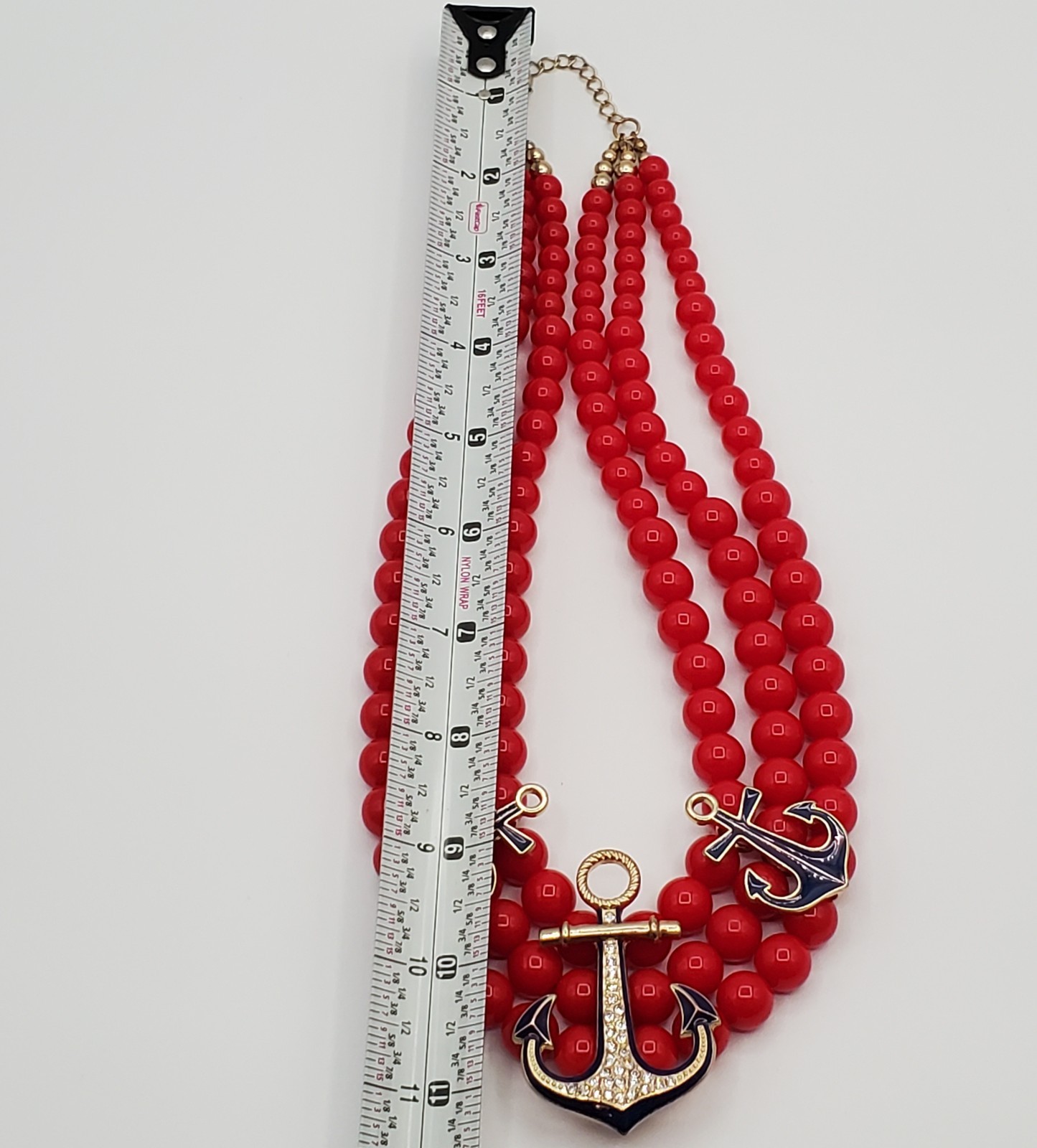 CC Nautical Set Necklace 19in Red Bead Triple Strand Blue Anchor 2 Sailboat Pins