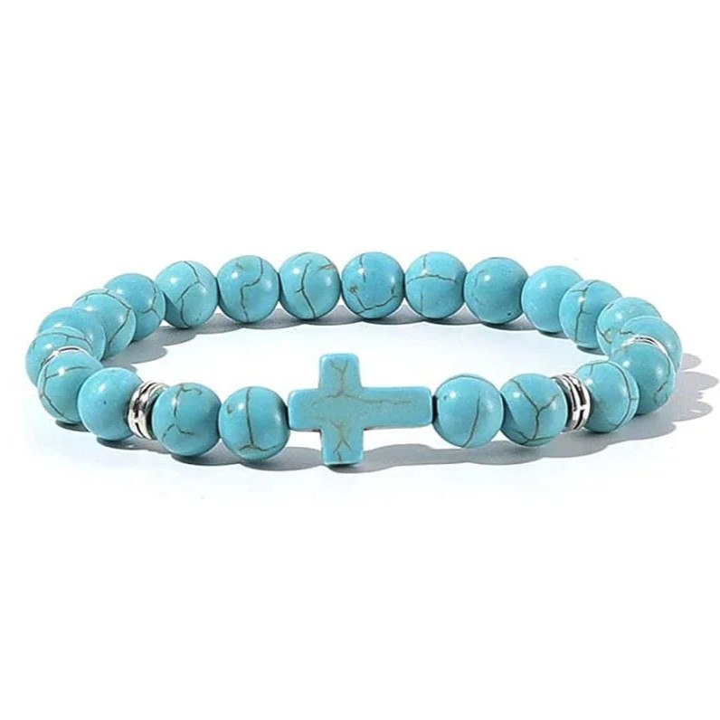 1pc Natural Stone & Wood Bead Prayer Bracelet with Cross – NEW