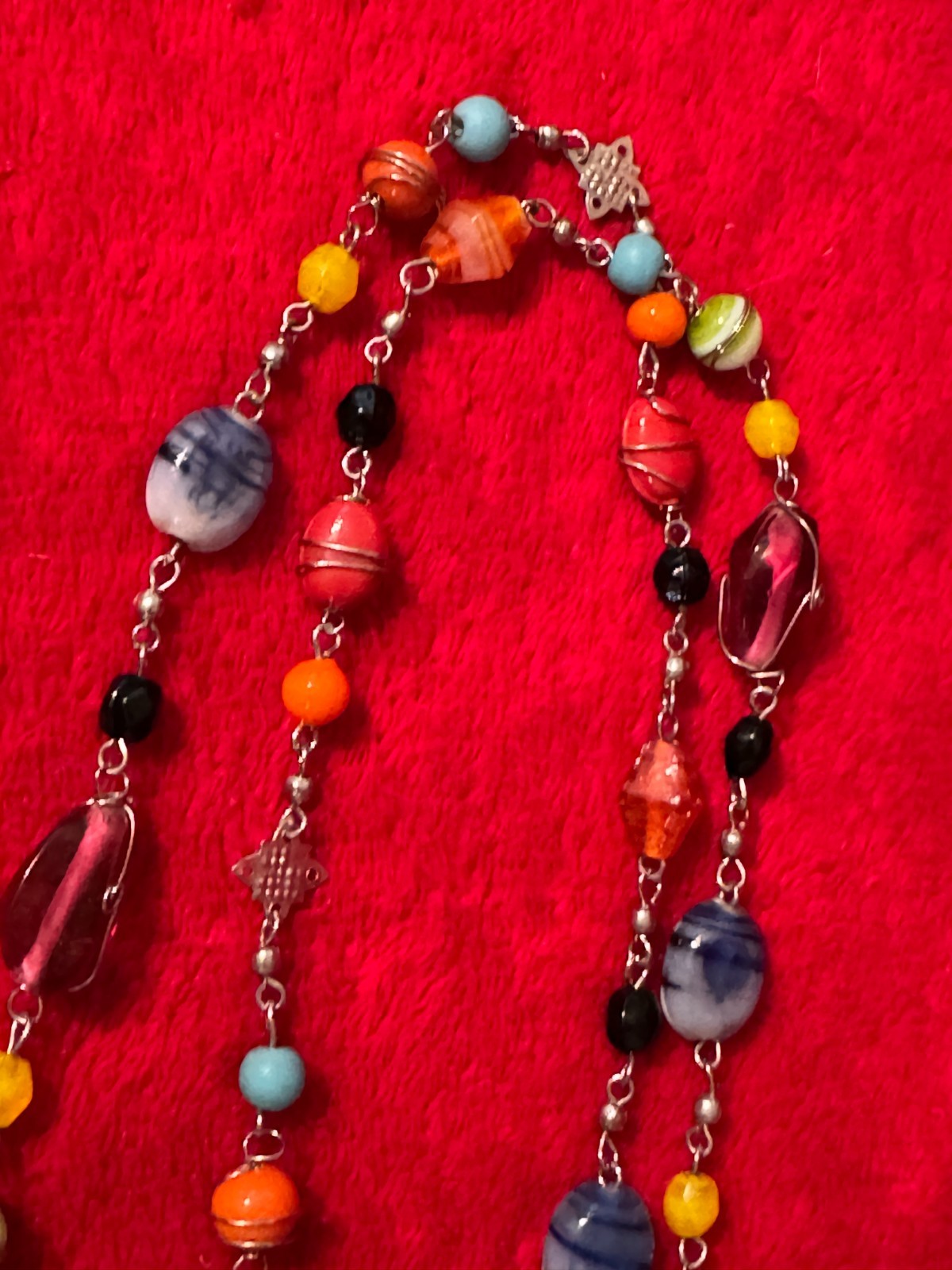 Multicolor Glass Beads and Silvertone Metal Between The Beads Very Long Necklace