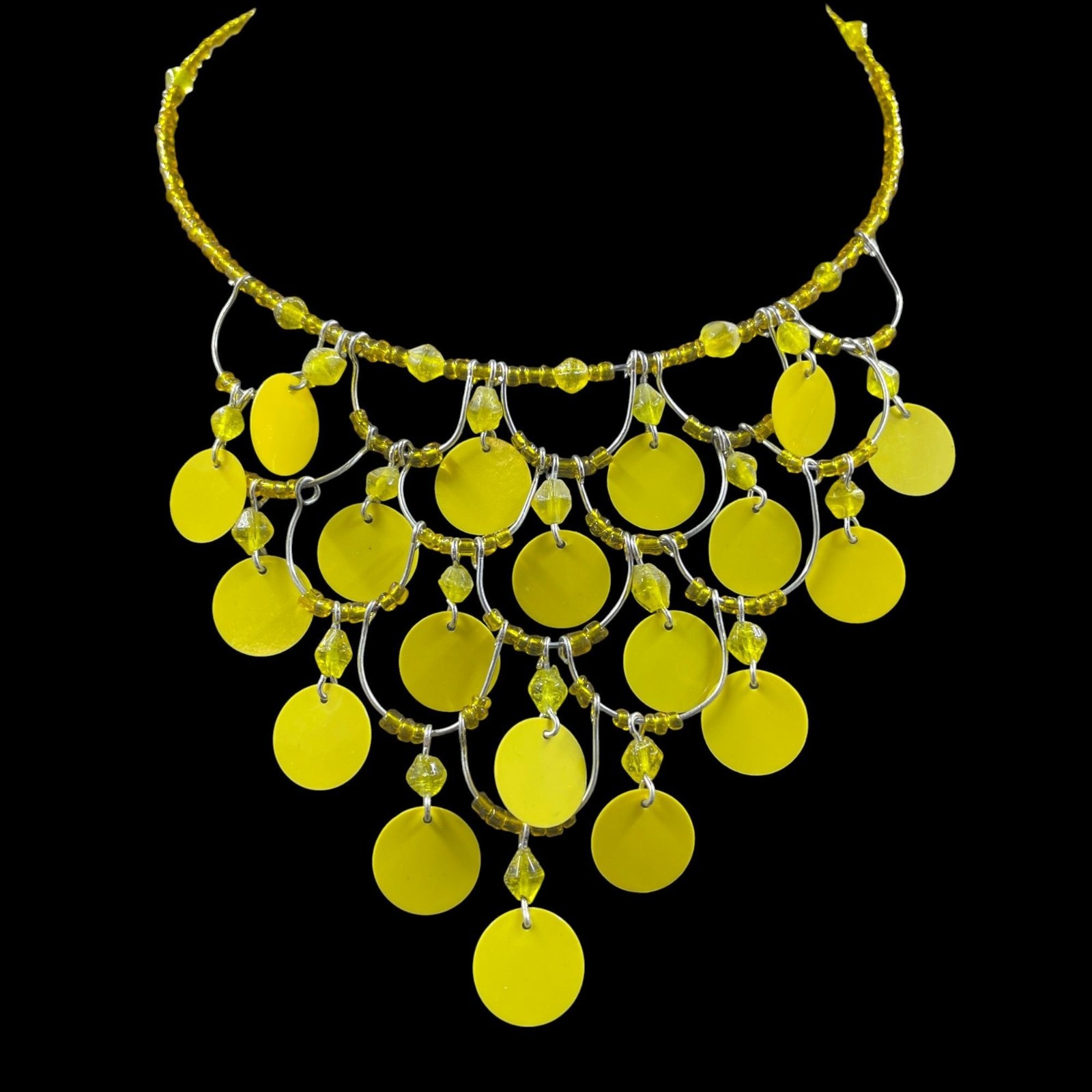 Yellow Wrap Around Beaded Disc Statement Necklace Earrings Set Boho Festival