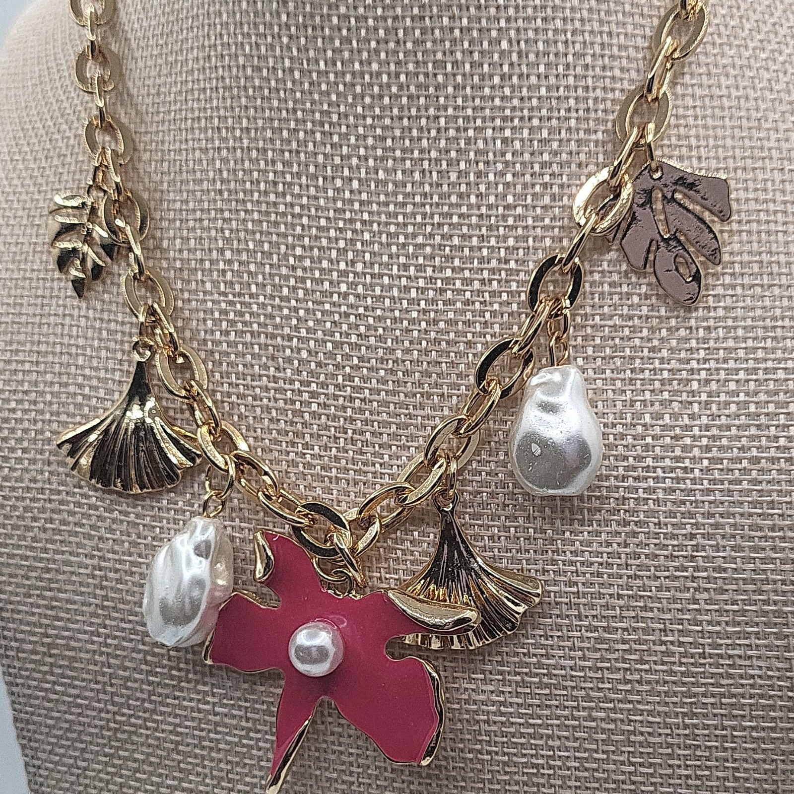 Gold Tone Oval Link Chain Charm Necklace Pink Enamel Bow & Simulated Pearls