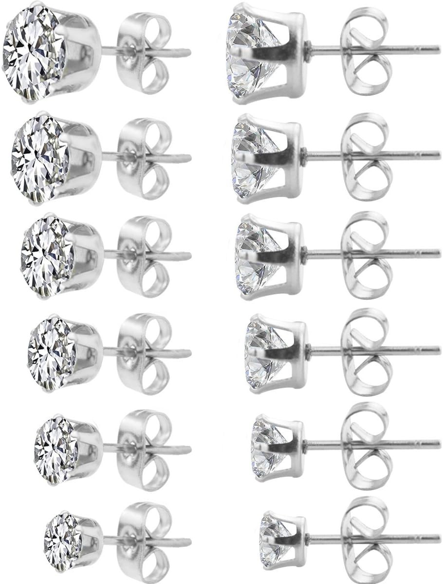 Assorted Sizes 6 Pair Hypoallergenic CZ Stud Earrings – Perfect for Any Occasion