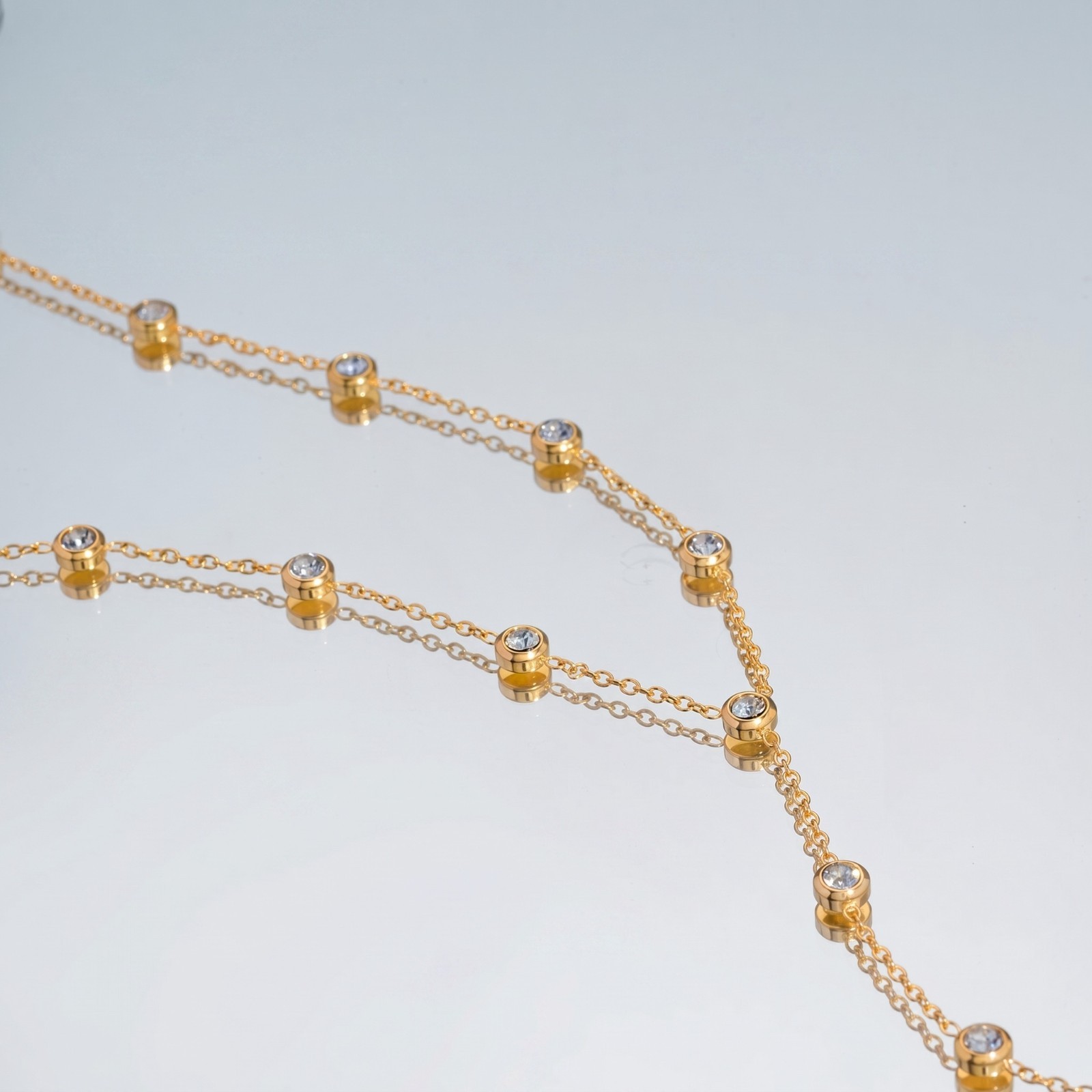 18K Gold Plated Zircon Y Necklace Stainless Steel Long Chain