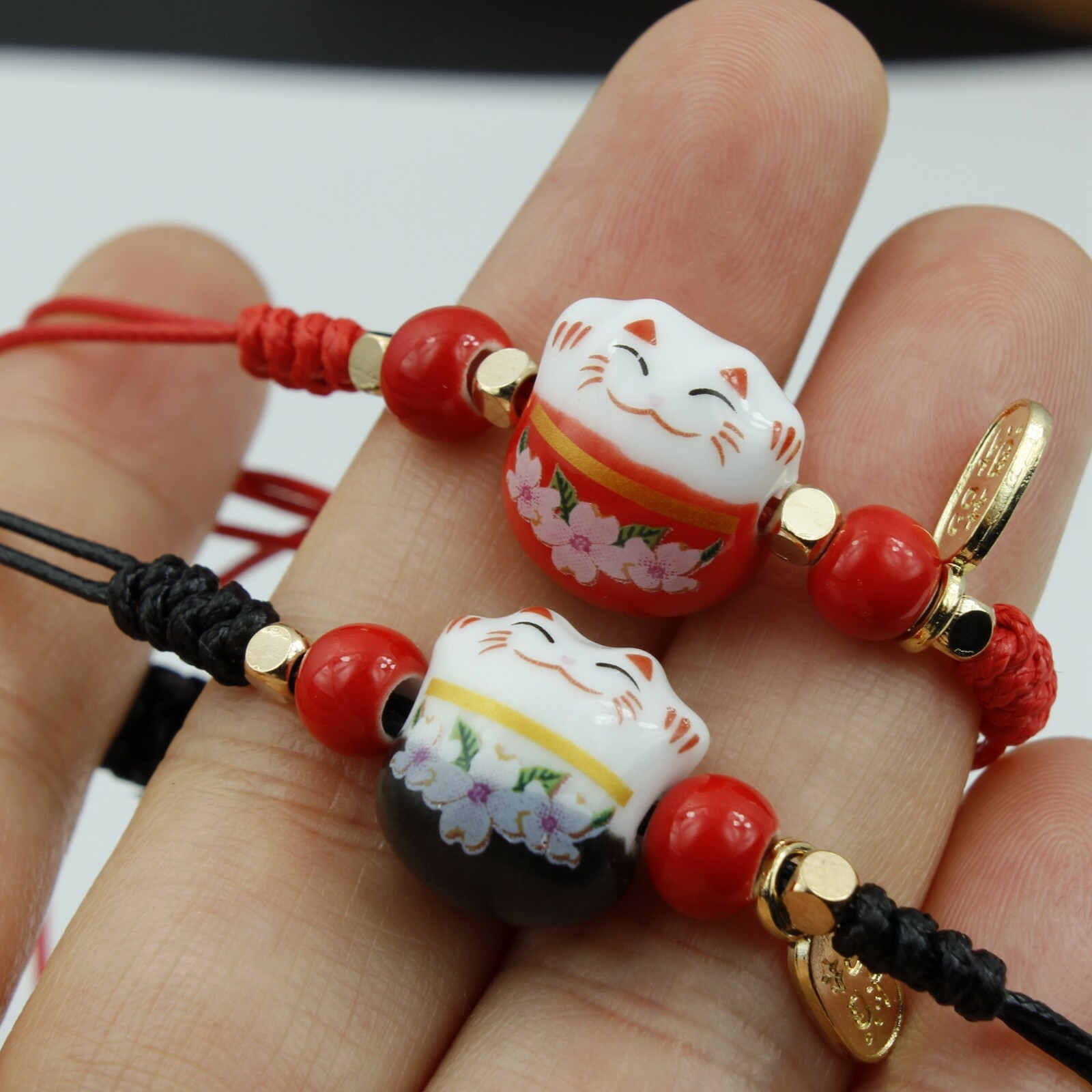 Girl Women Luck Ceramic Fat Flower Cat / Kitty Animal Adjust Rope Bracelet 4-11″