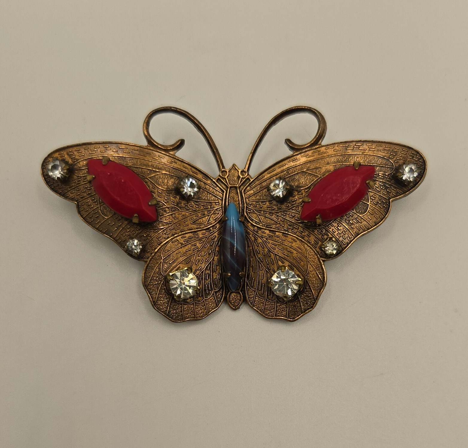 Cool Butterfly Brooch Pin Bronze Tone Red Blue Clear Rhinestone Crystal 2.5 in