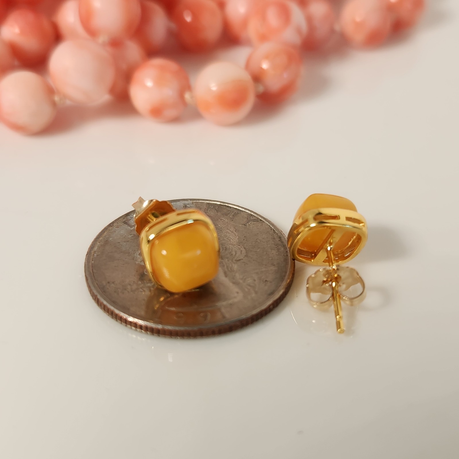 Natural Baltic Egg Yolk Amber Square 8.5mm Stud Earrings Yellow GoldPlate Silver