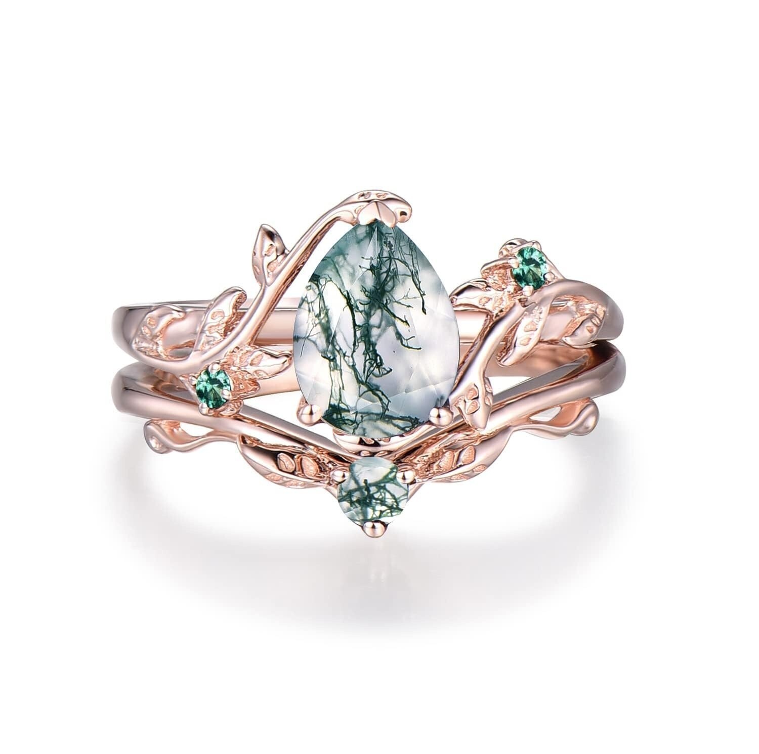 Pear Moss Agate Bridal Engagement Ring Set 925 Sterling Silver Leaf
