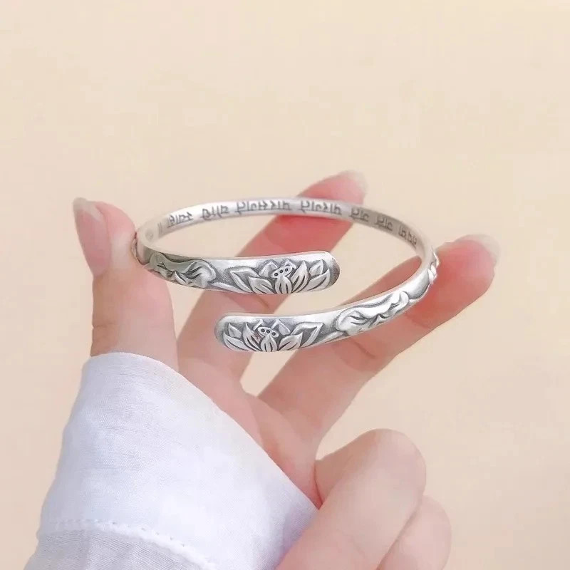 Vintage 925 Thai Silver Lotus Flower Cuff Bracelet for Women Buddhism Bangle