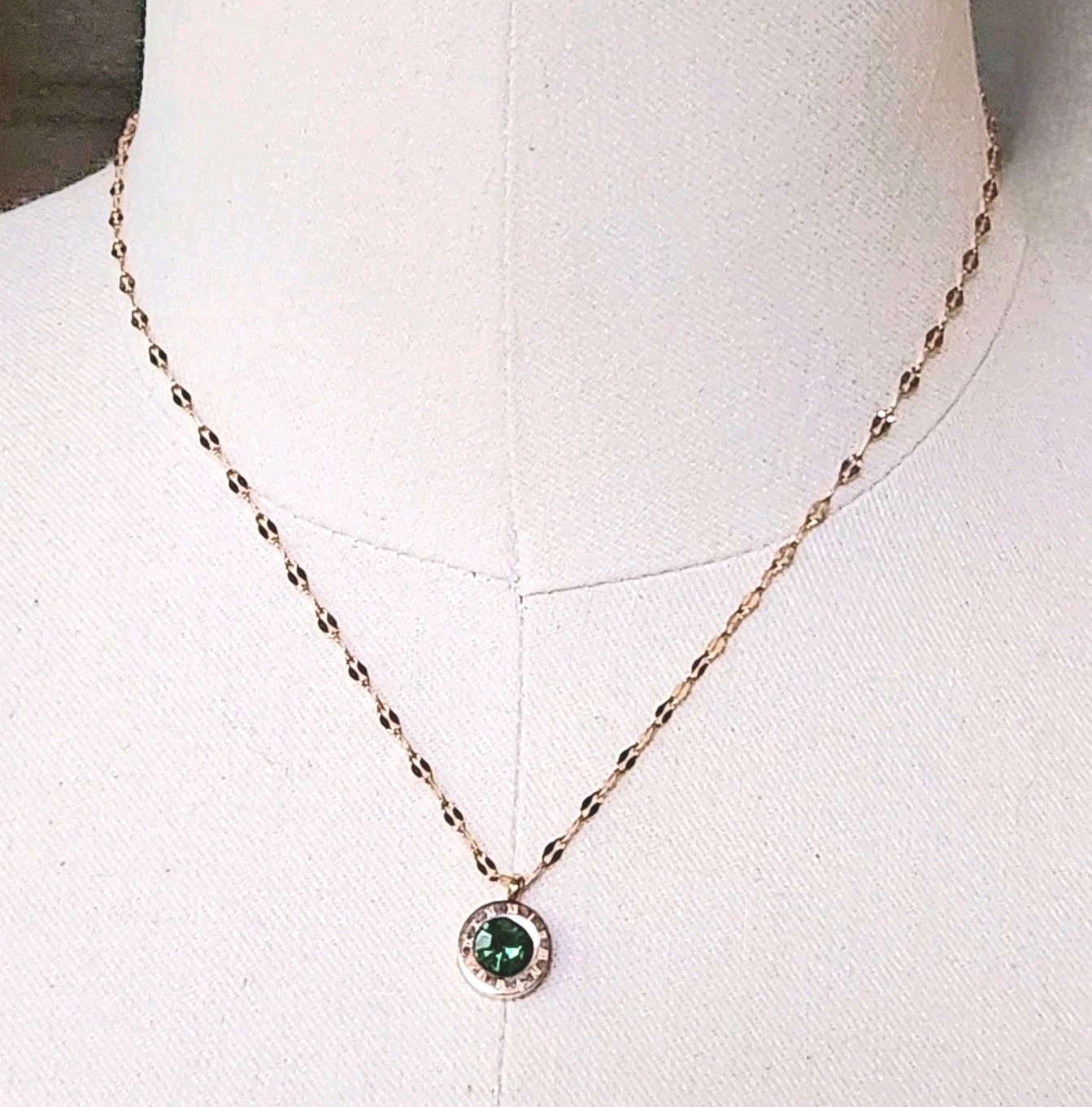 Green CZ Dot Pendant Necklace Gold Tone Stainless Steel Roman Numeral Clock