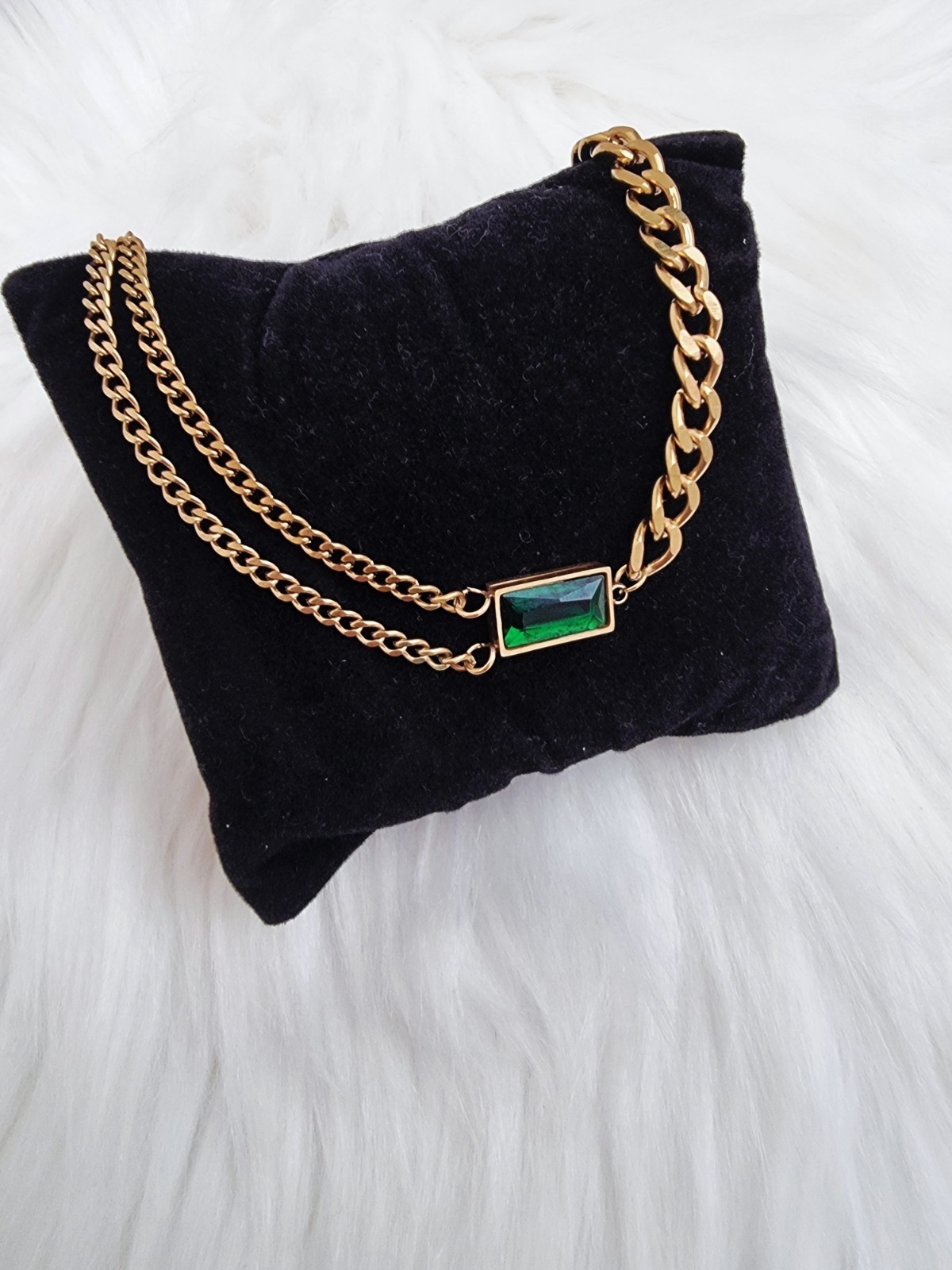 Woman’s Stainless Steel Gold Colour Green Crystal Cubin Link Bracelet 22cm Long