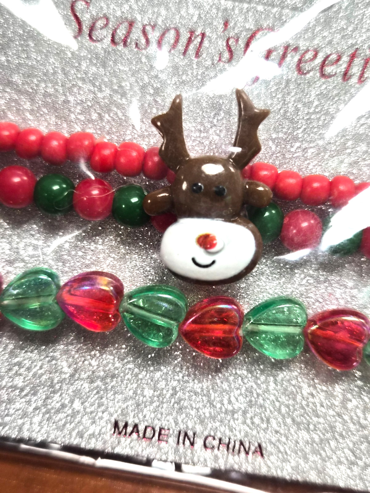 NOS Estate 3 Christmas Holiday Plastic Beaded Rudolph Reindeer 6.5″ Bracelet