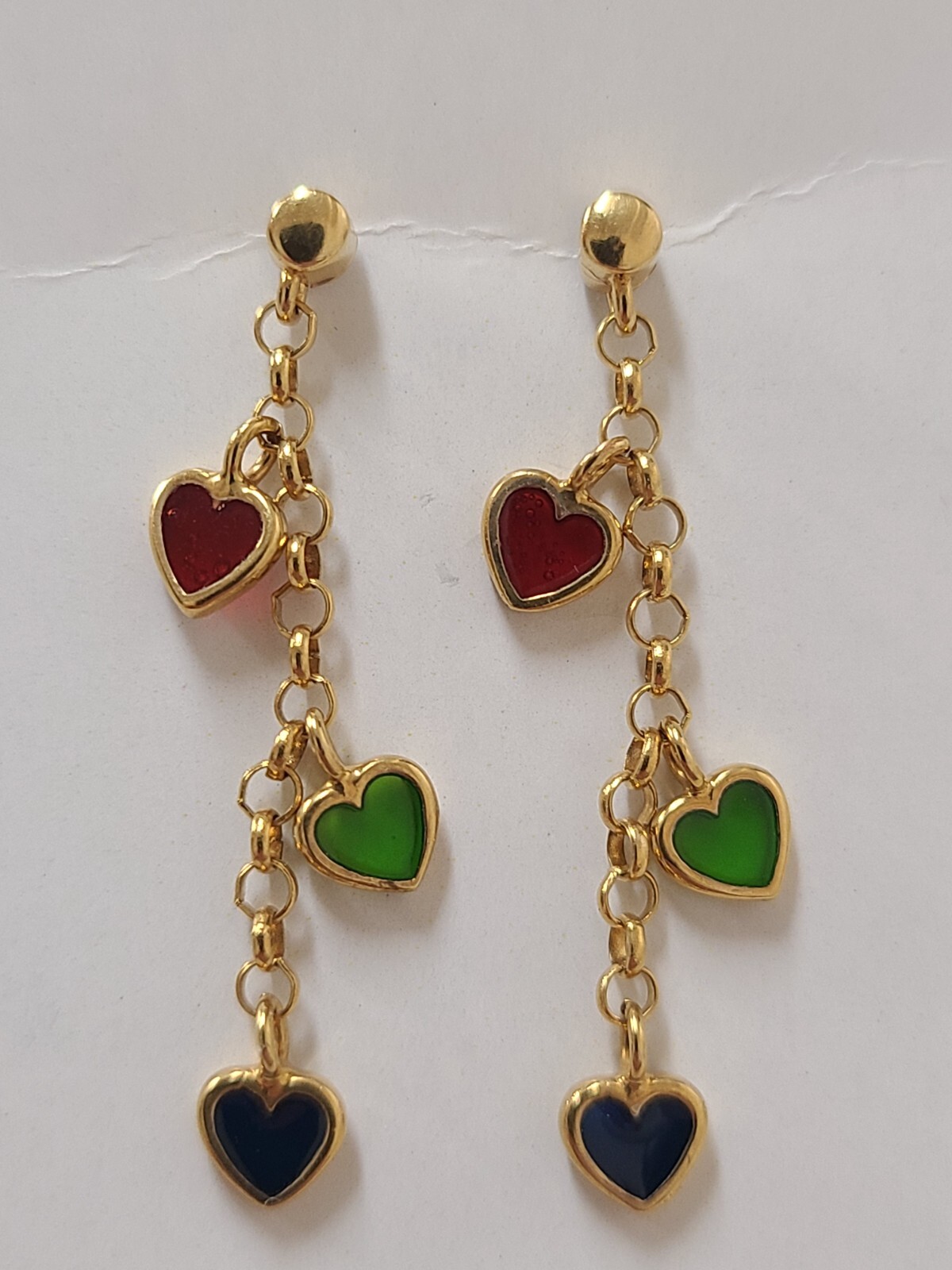Triple Dangling Heart Earring 14k Yellow Gold Red Green Blue Enamel Hearts 38mm