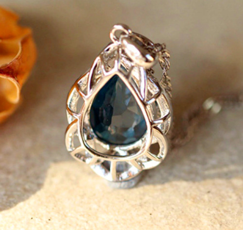 Lab Created London Blue Topaz Tea Drop Pendant 14K White Gold Finish Free Chain