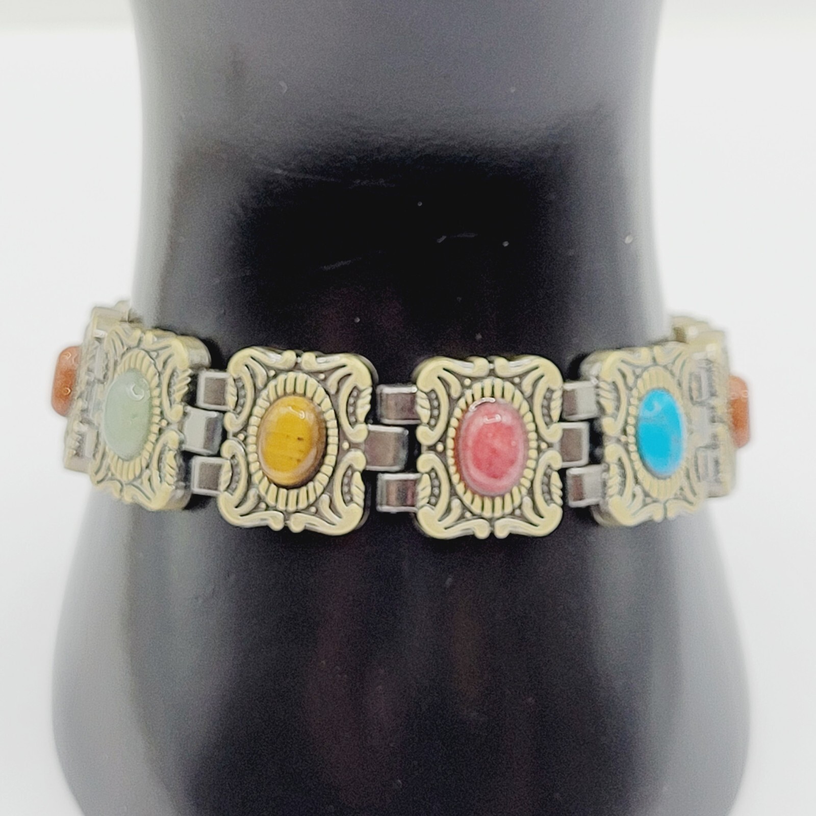 Ornate Western Style Multi Color Faux Gemstone Muted Gold Silver Tone Bracelet
