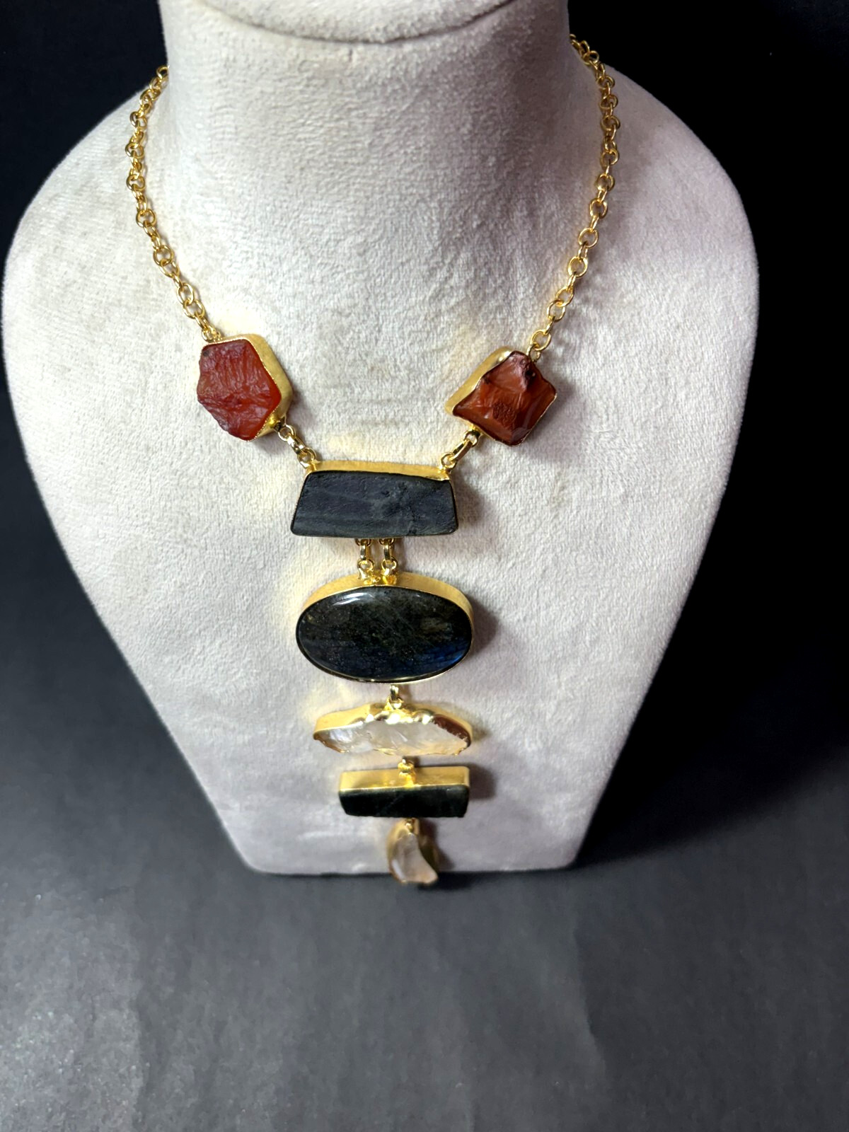 Multi Necklace carnelian Rough Labourdite Rough Necklace Long Jewelry.