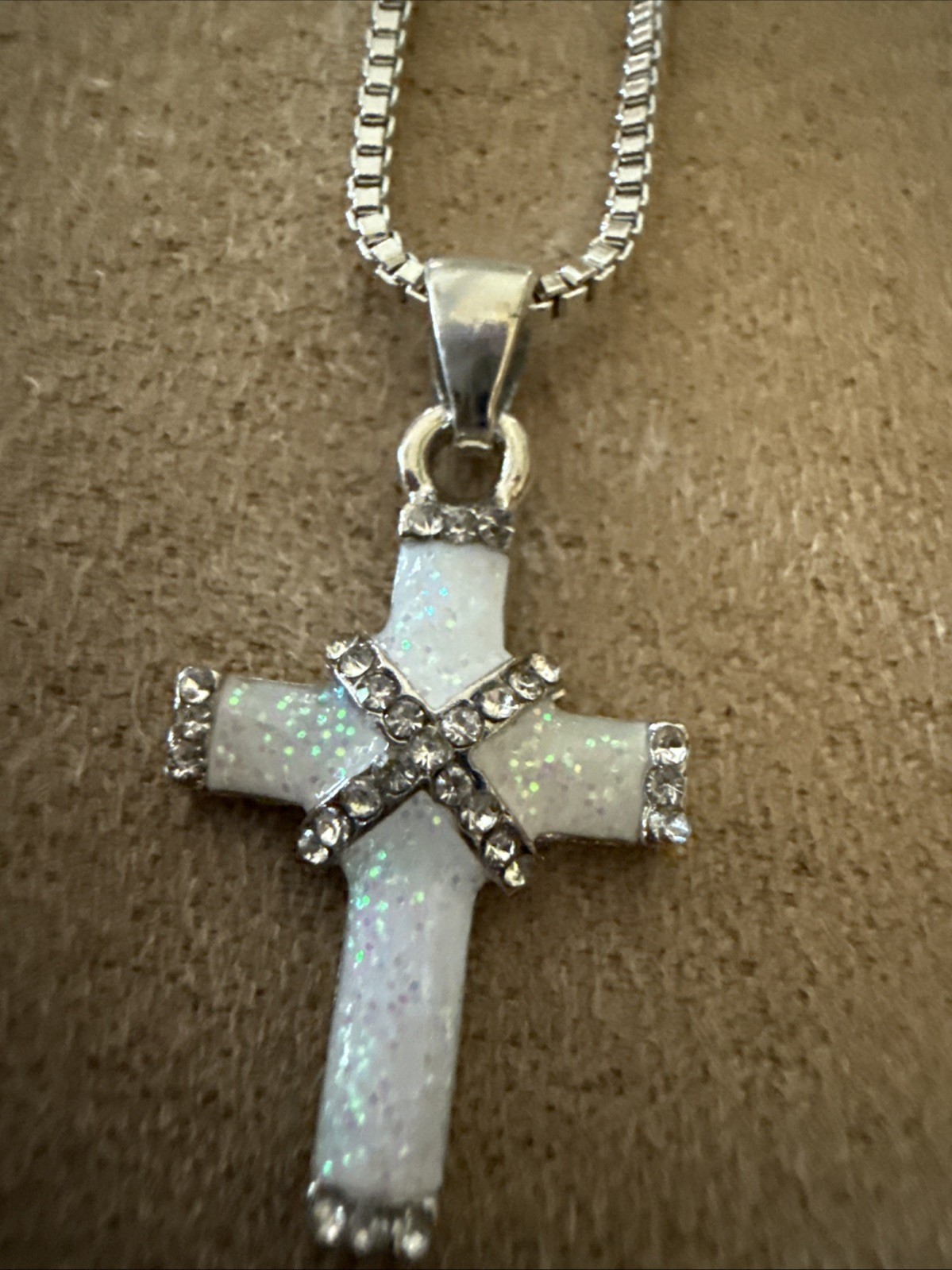 Silvery White Synthetic Opal Mosaic Cross Pendant Necklace