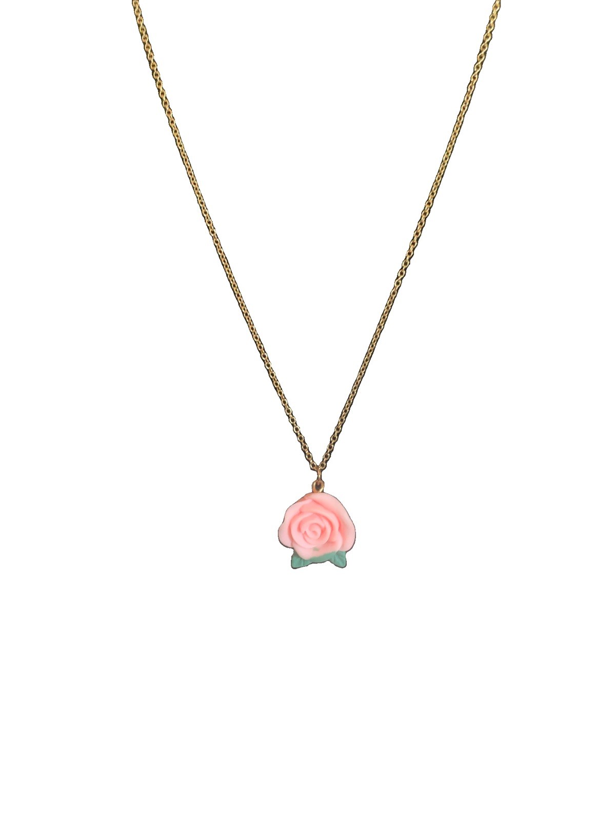 Dainty Pink Rose Pendant Necklace | Gold Tone Chain Minimalist Flower Jewelry