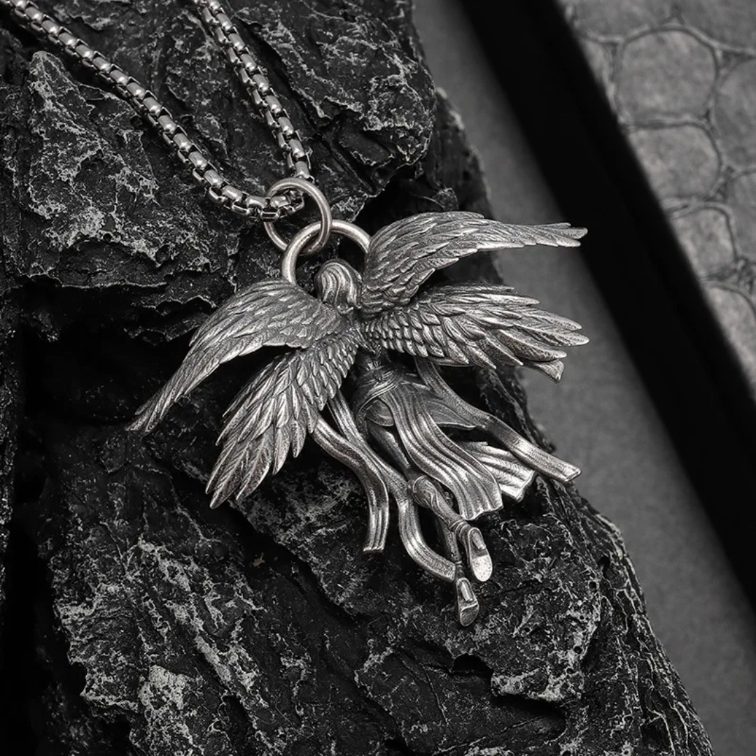 Silver Tone Metal Angel 4 Wing Charm Pendant Necklace Box Chain 23.62in