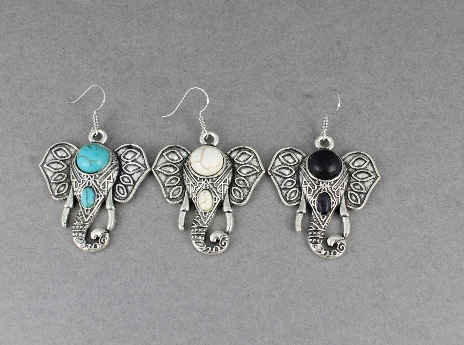 antiqued silver elephant earrings trunk ears pendant 2 1/8″ long cream bead