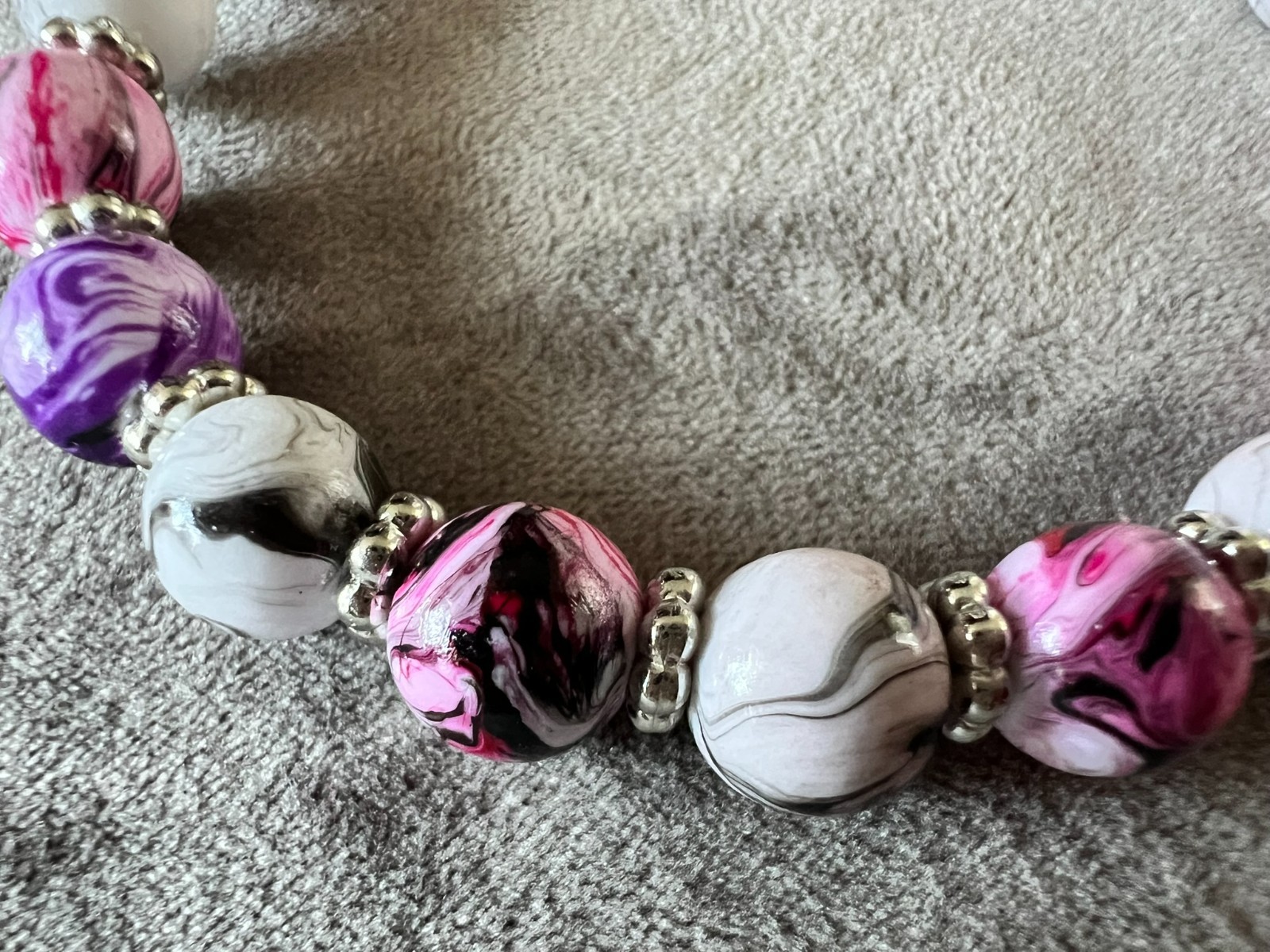 handmade elastic unique marble acrylic beads & silver accents bracelet