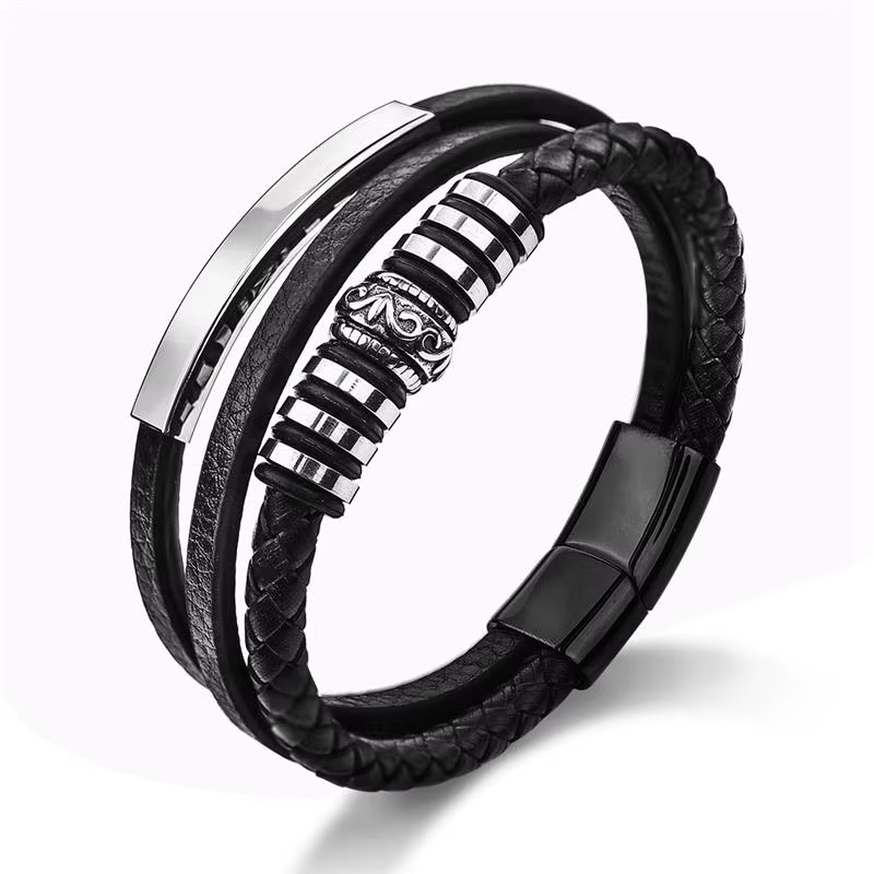 18cm 20cm 22cm Trendy Leather Stainless Steel Multilayer Braided Gift Men’s Wear