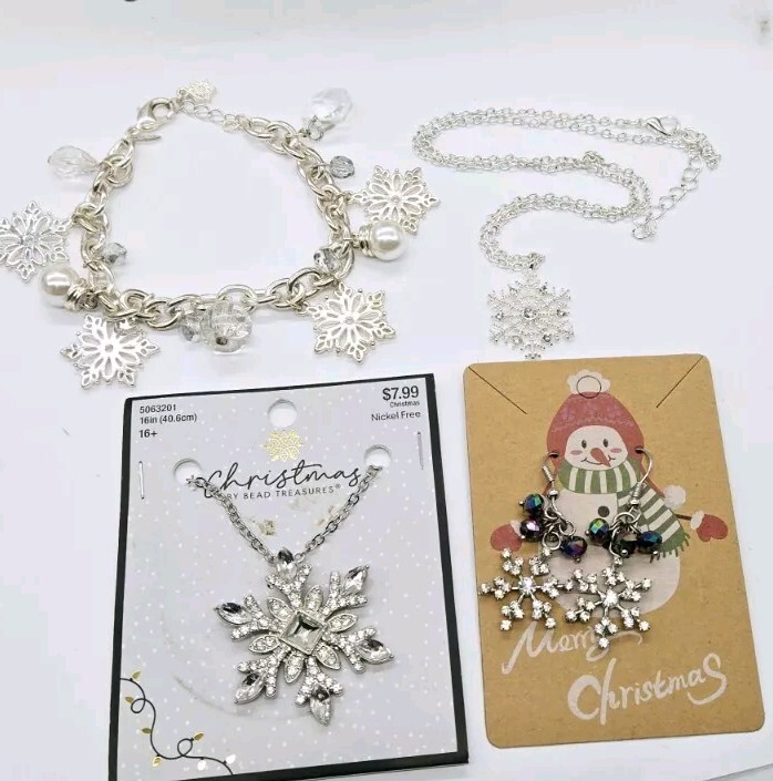 Snowflake Christmas Necklace Bracelet Earring Lot Silver tone Set of 4