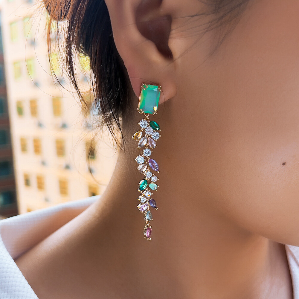 Green Baguette Gold Plated CZ Multicolor Long Leaf Drop Crystal Dangle Earrings