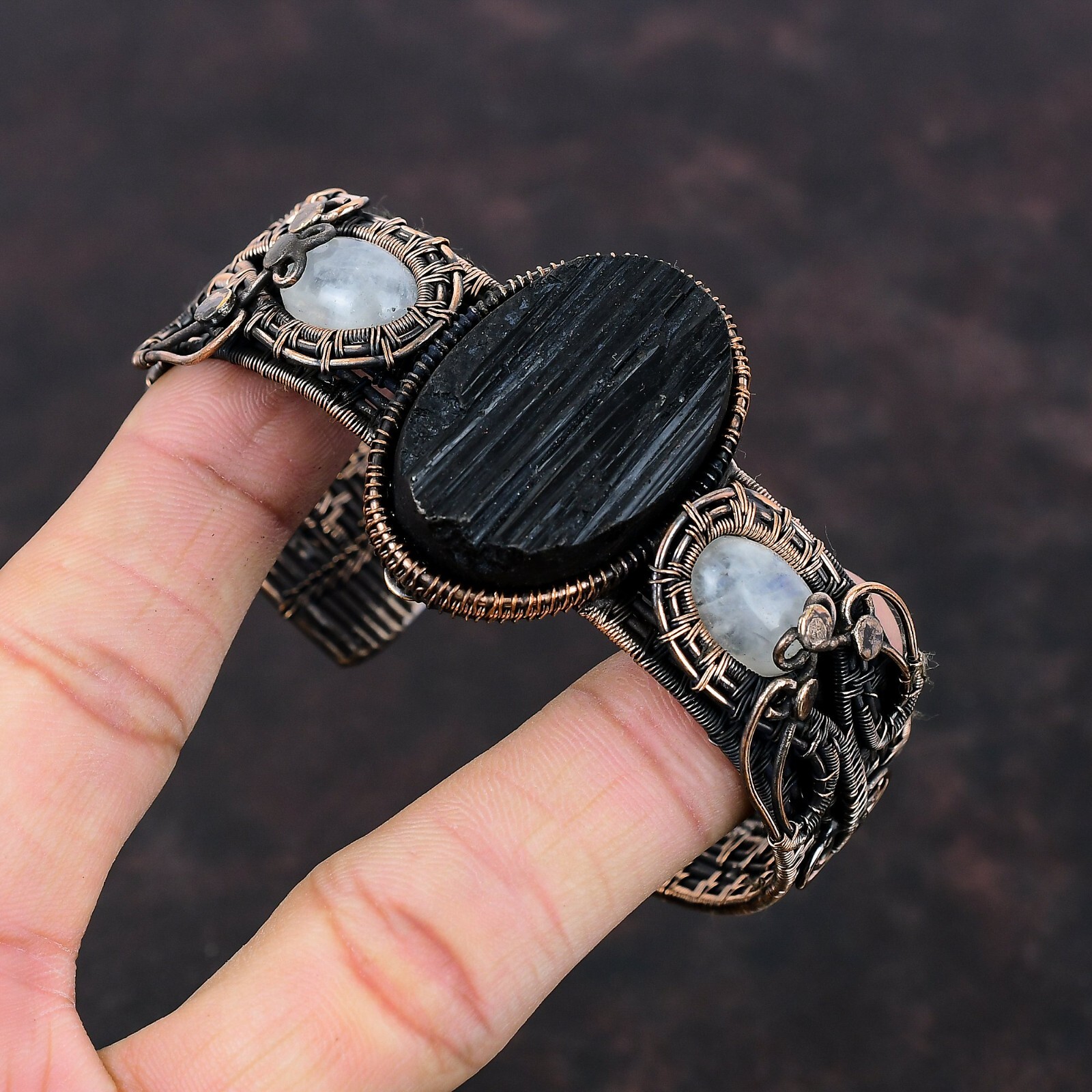 Black Tourmaline Rough Copper Mom Gift Wire Wrapped Adjustable Bangle