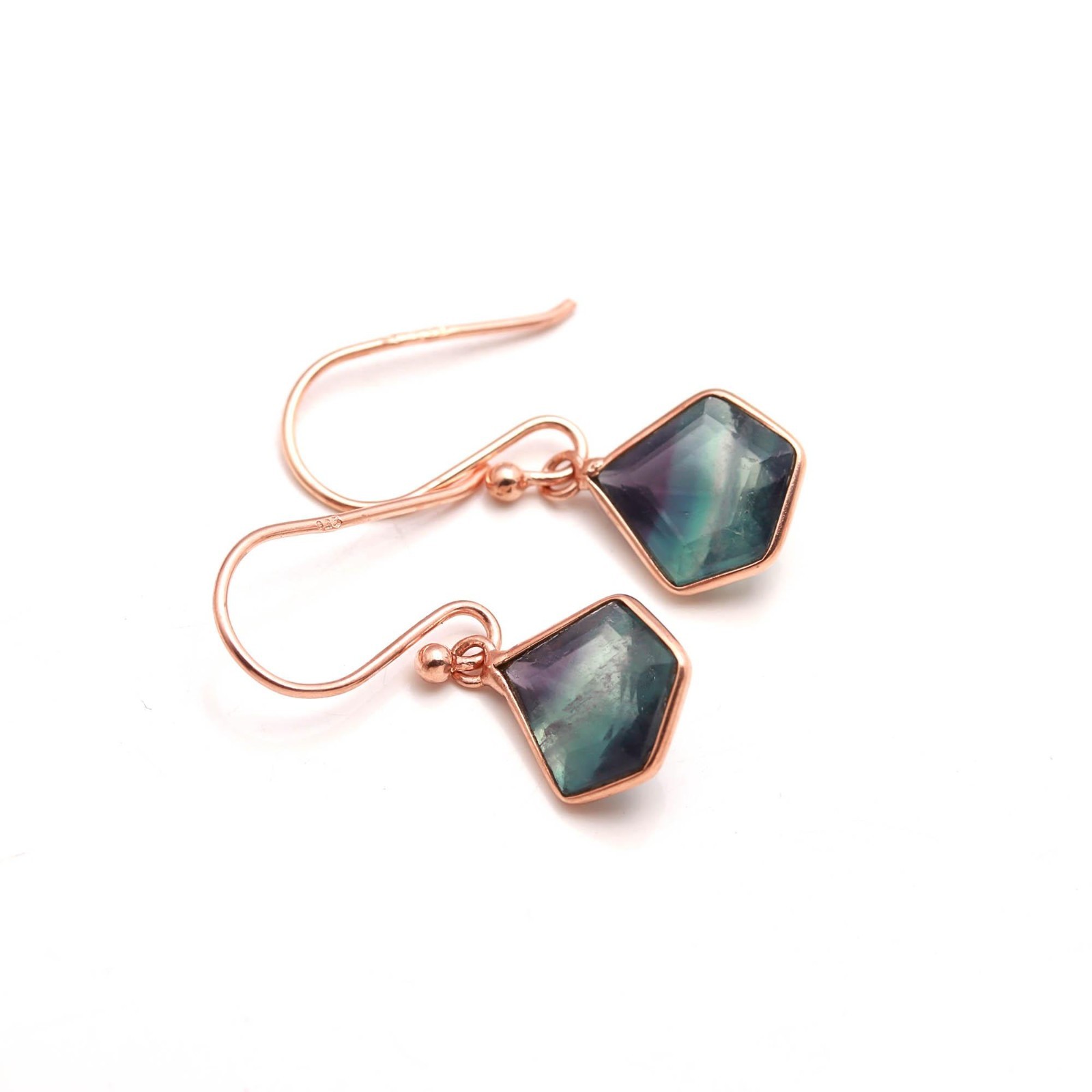 Natural Fluorite Shield Dangle Earrings Rose Gold Plated Solid Silver Jewelry
