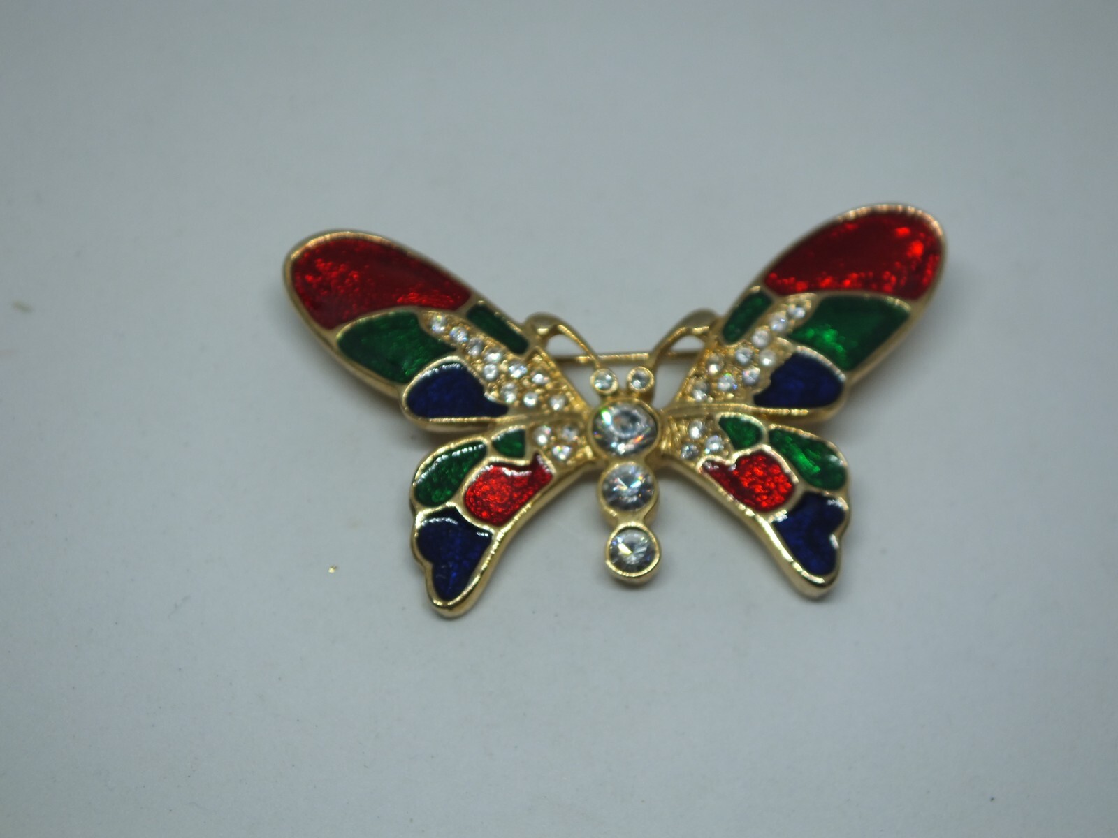 Beautiful Brooch Pin Butterfly Gold Tone Red Green Blue Enamel Clear Rhinestones