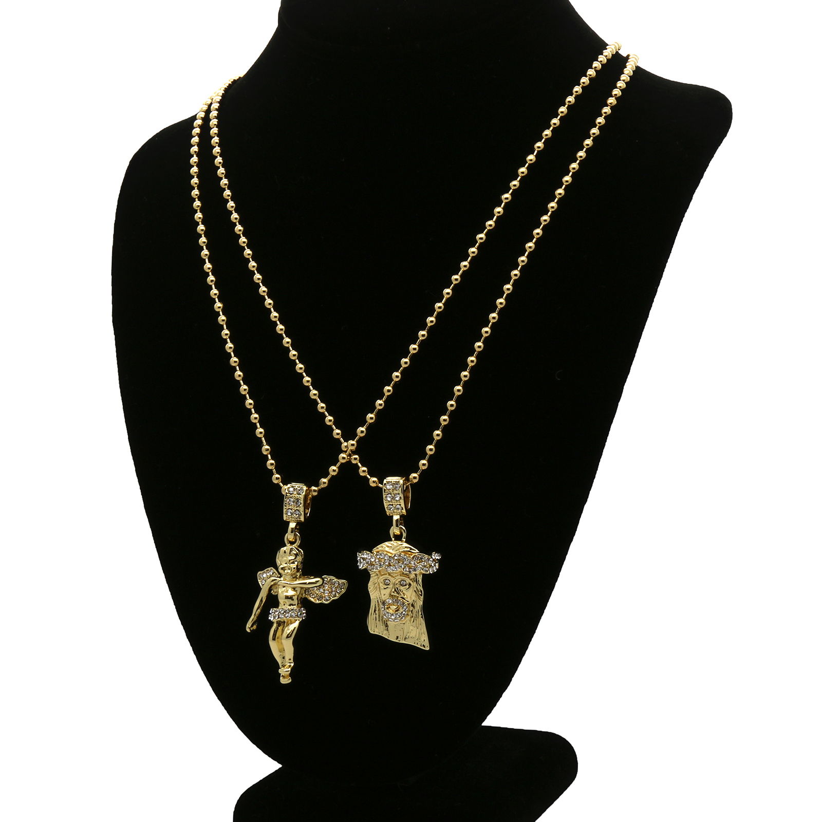Mens Gold Plated Jesus Angel Piece Combo Set Cubic-Zirconia Pendant Chain
