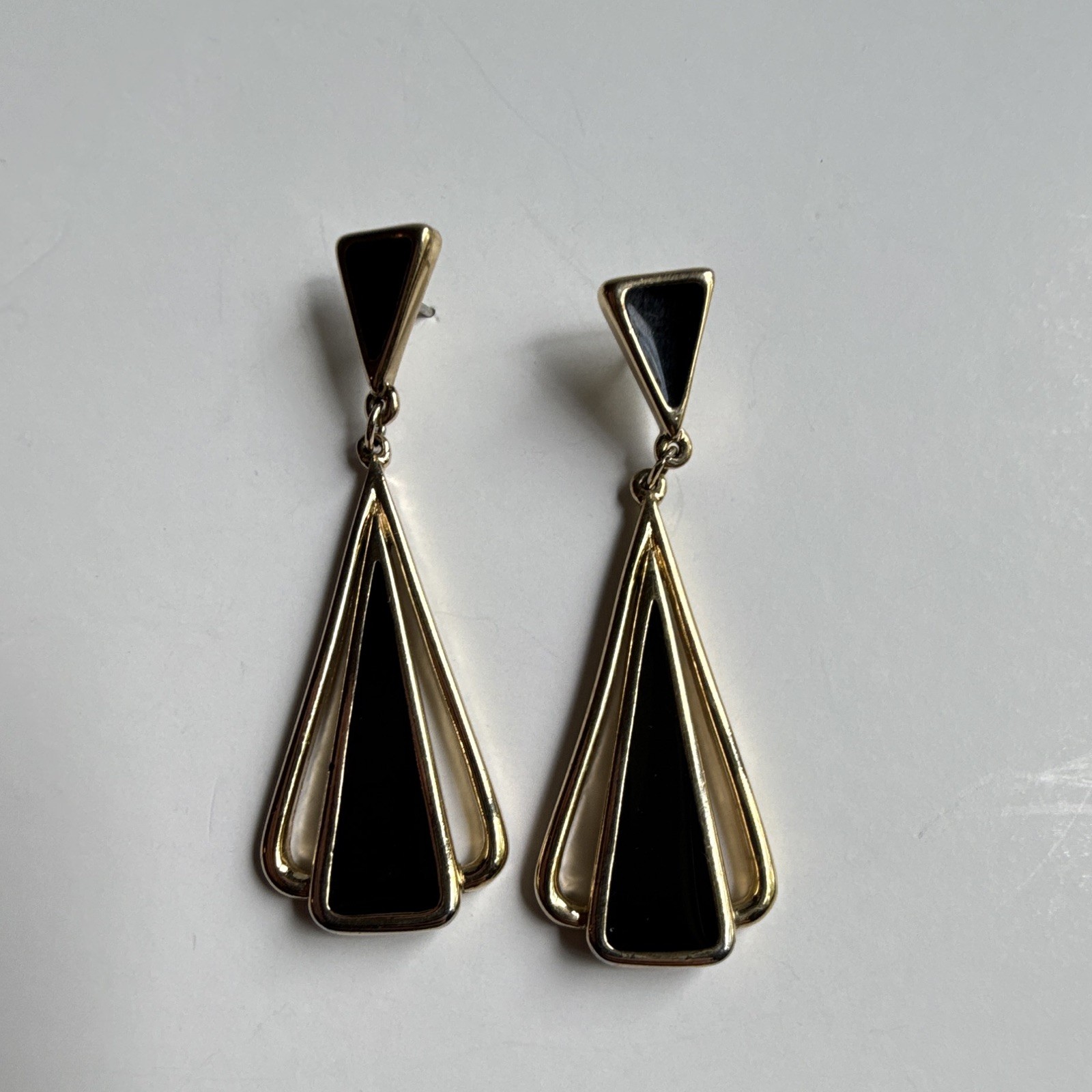 Vintage Trifari Signed Gold Tone Black Triangle Dangle Earrings