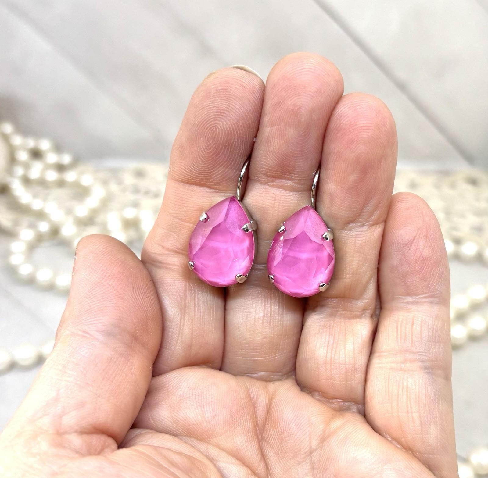 18mm Shiny Silver Plated Bubblegum Pink Pear Shaped Crystal Cup Chain Earrings
