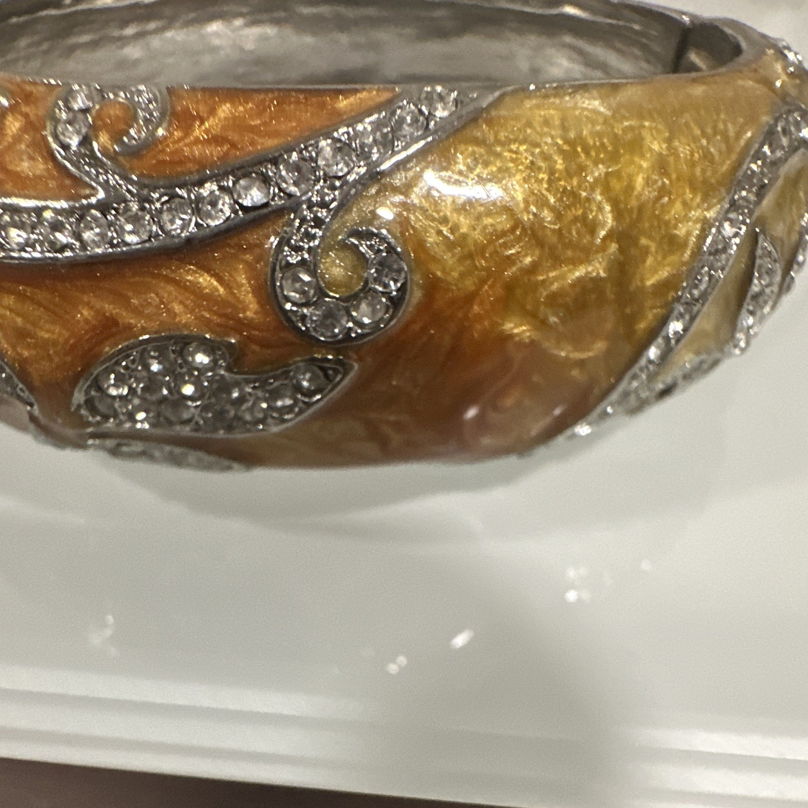 Kirks Folly Signed Hinged Enamel Bangle Bracelet Crystal Gold Orange Silver