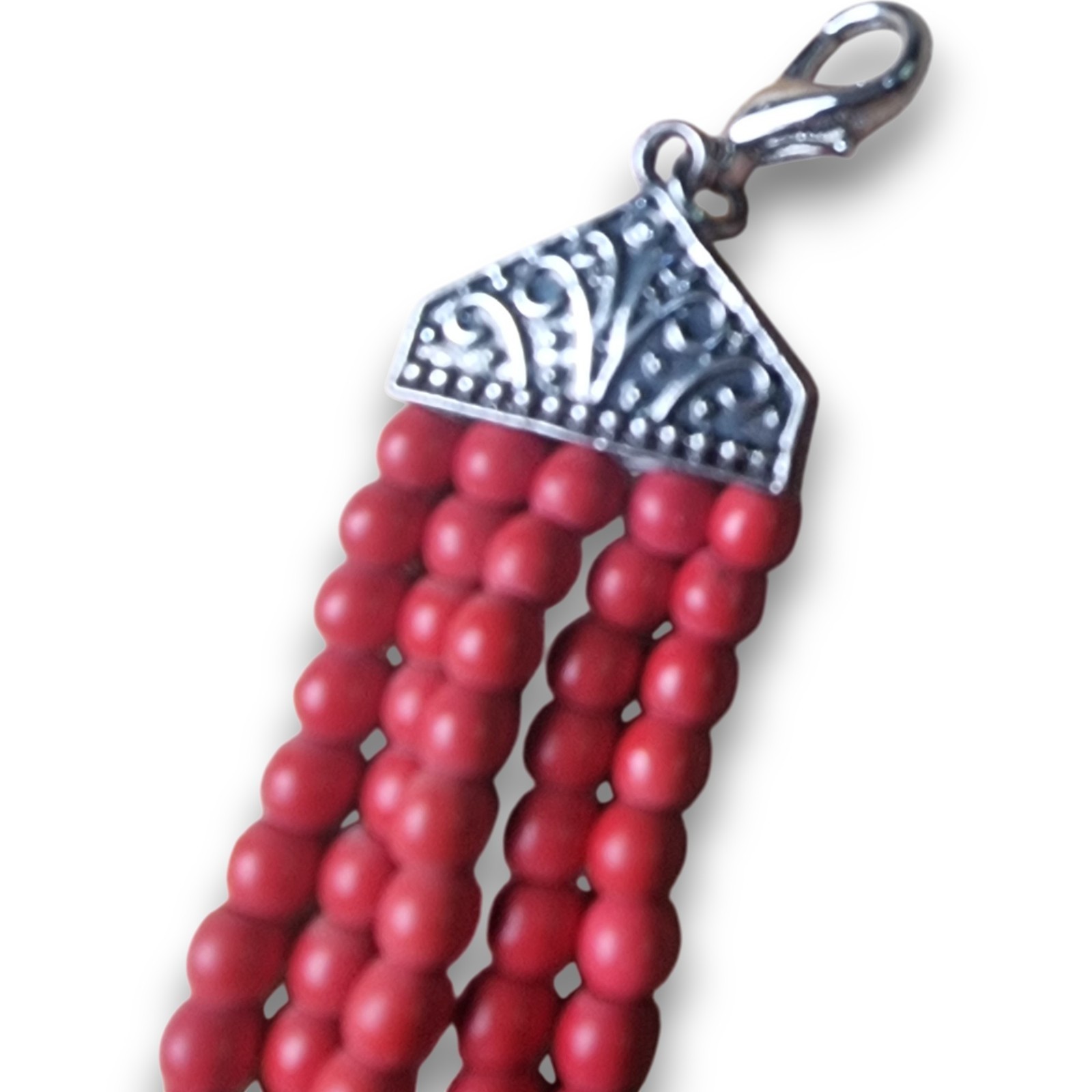 Boho Red Bead Multi-Strand Bib Necklace Silver Scrollwork Tribal Statement