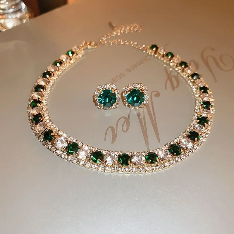 Luxury Crystal Necklace Earrings Set Champagne Green Blue Black Necklace