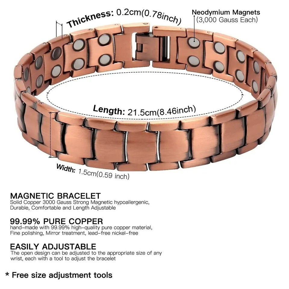 Men Bracelet Magnetic Therapy Arthritis Pain Relief Healing Pure Copper Bangle