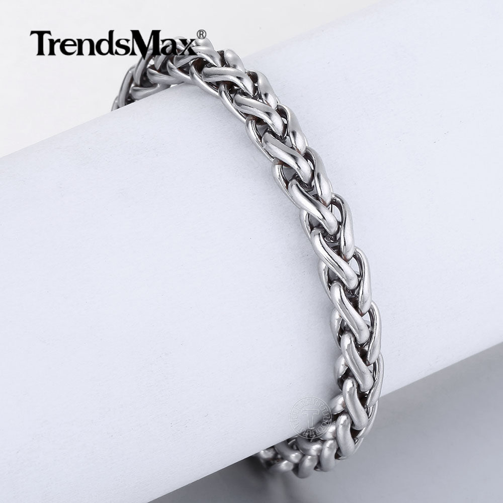 6mm 7″-10” Round Wheat Chain Bracelet Men Boys Silver Stainless Steel Link Clasp