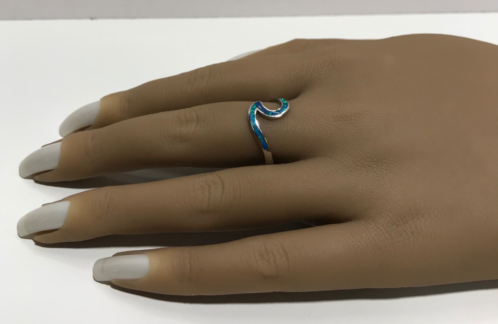 925 Sterling Silver Synthetic Opal Ring – Hawaiian Inlay Ocean Wave