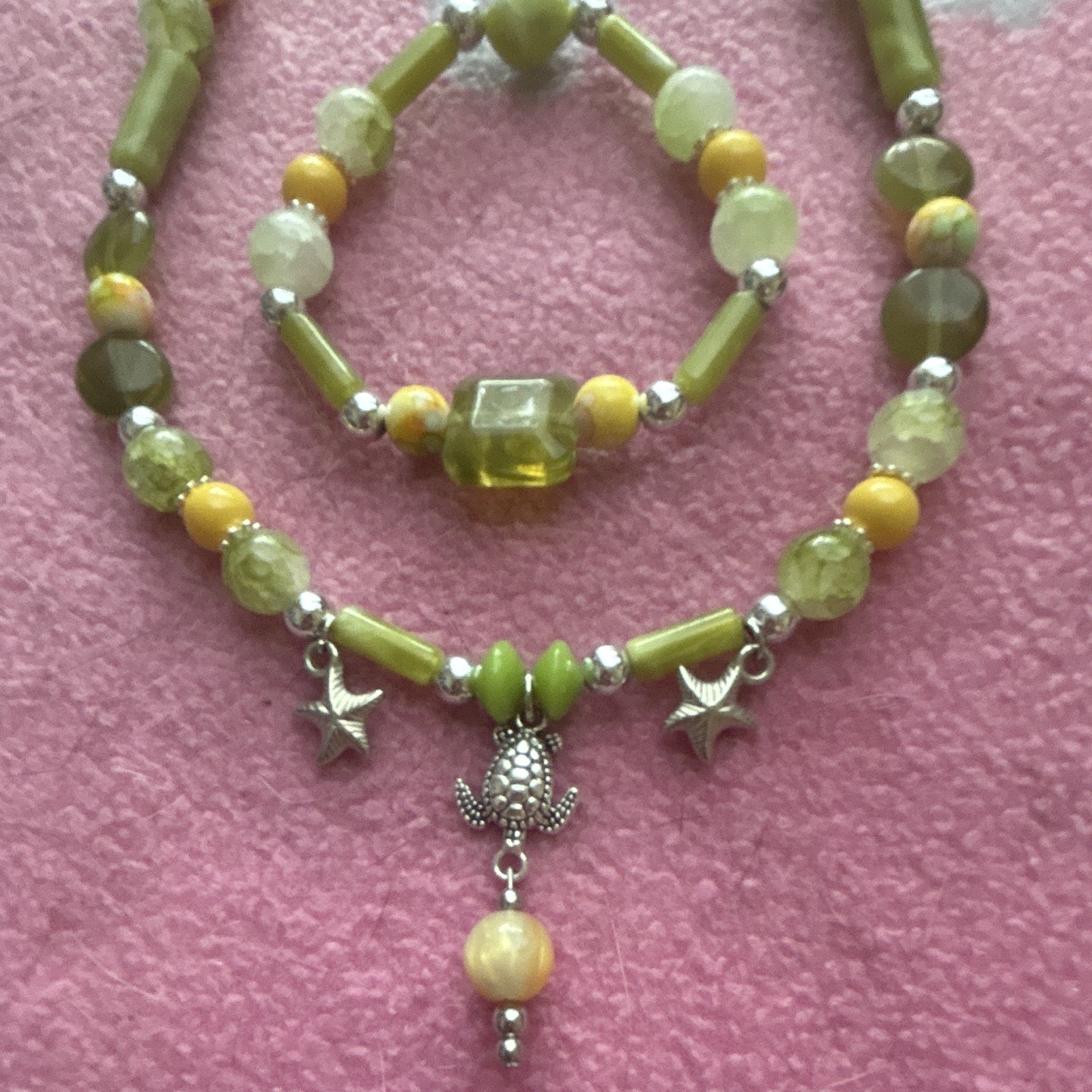Green & Yellow Beaded Jewelry Set Necklace Bracelet with Turtle Animal Charm