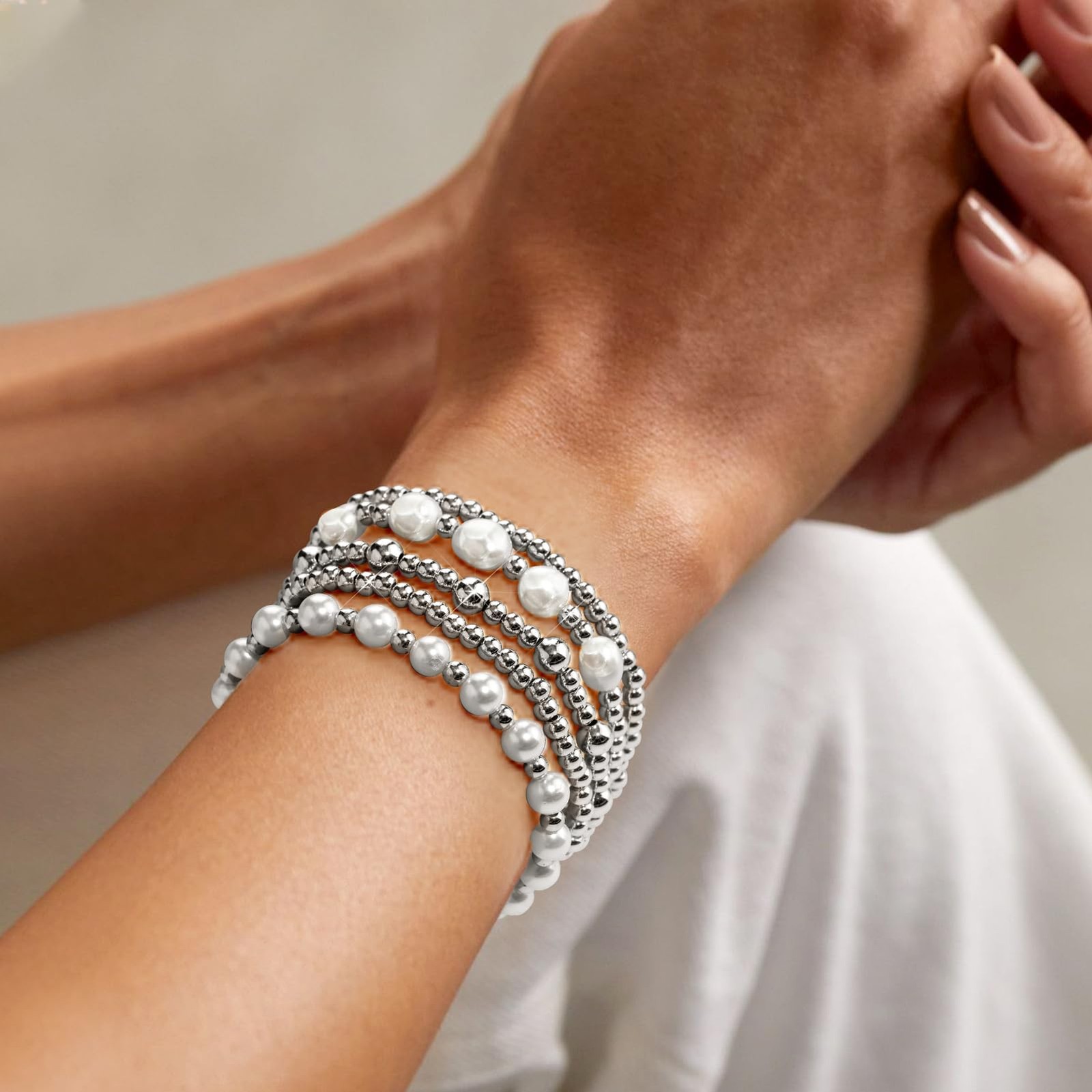 Silver Bracelets For Women Trendy Cute Pearl Beaded Gold Bracelet Stack Set E…