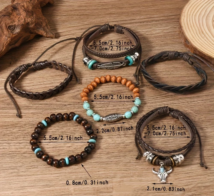 47Pcs Boho Faux Leather Bracelet Set Western Charm Wrap Stackable Men Women Lot