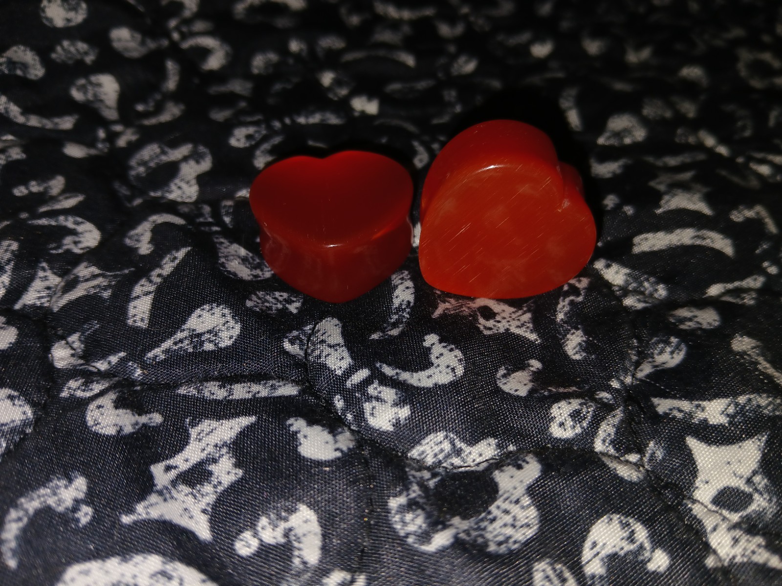 Heart Plug Earrings Pair, Red Glass, Love Theme, Never Worn 1″