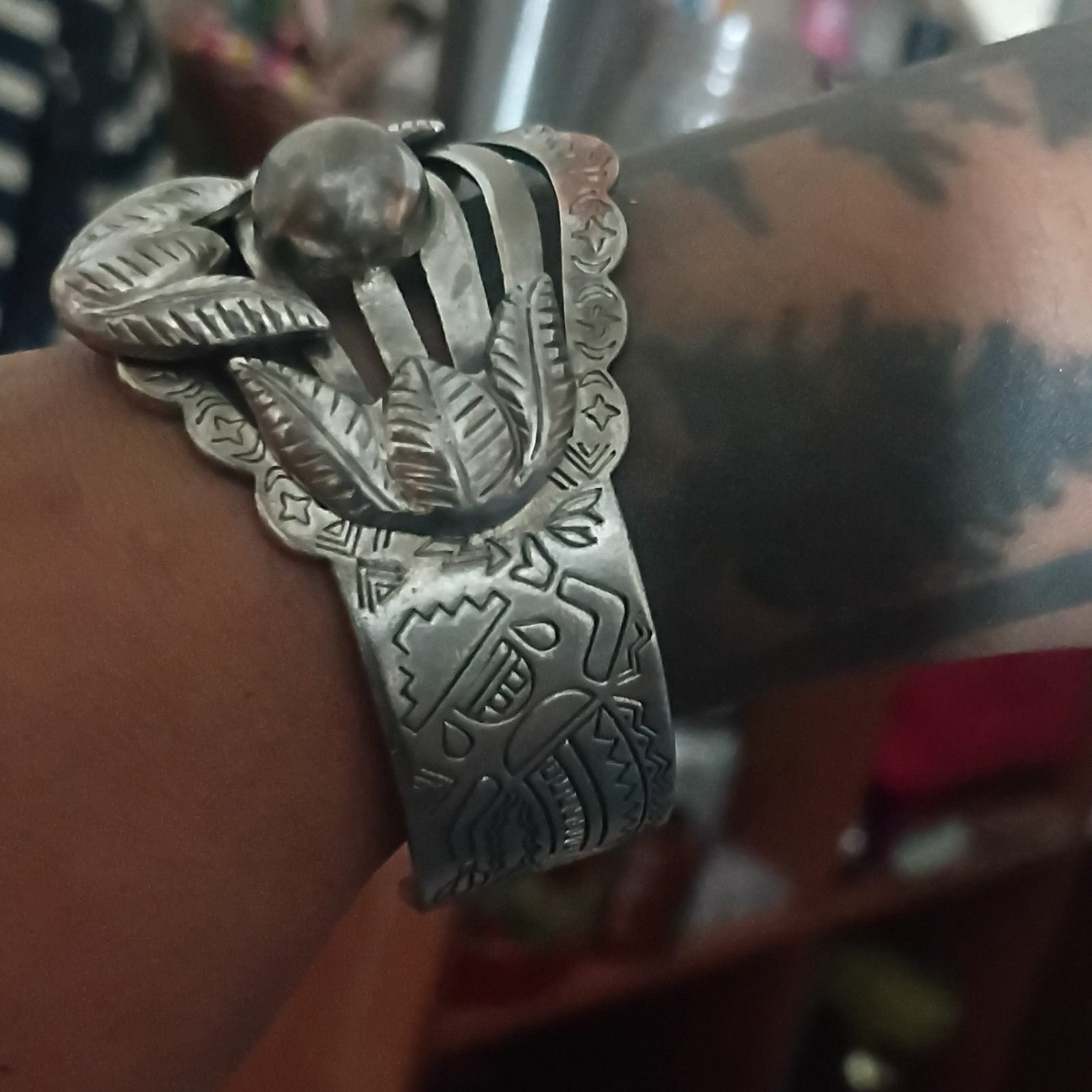 Crawford Silver Tone Etched Metal Cuff Bracelet Signed Marked “SANFORD”
