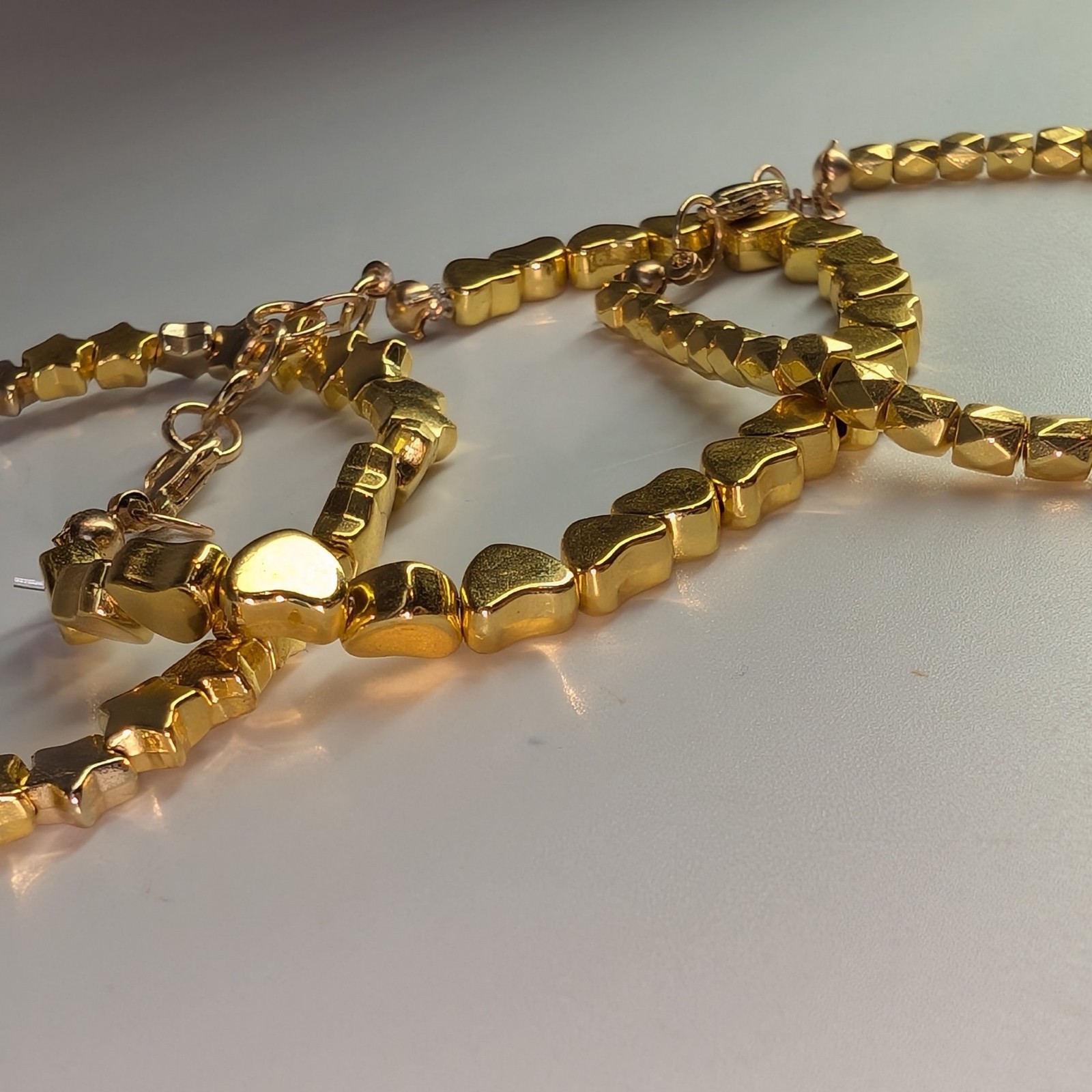 Lot of 3 Gold Tone Bracelets with Star Heart And Geometric Beads, Lobster Clasp