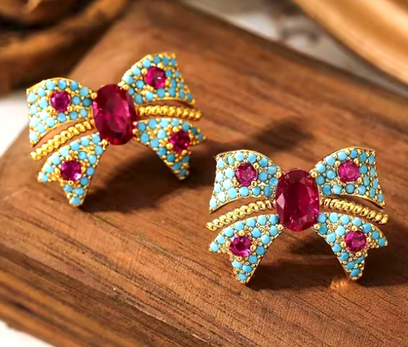 Super Cute Sparkly Blue Red BOW Rhinestone Gold Betsey Johnson Earrings