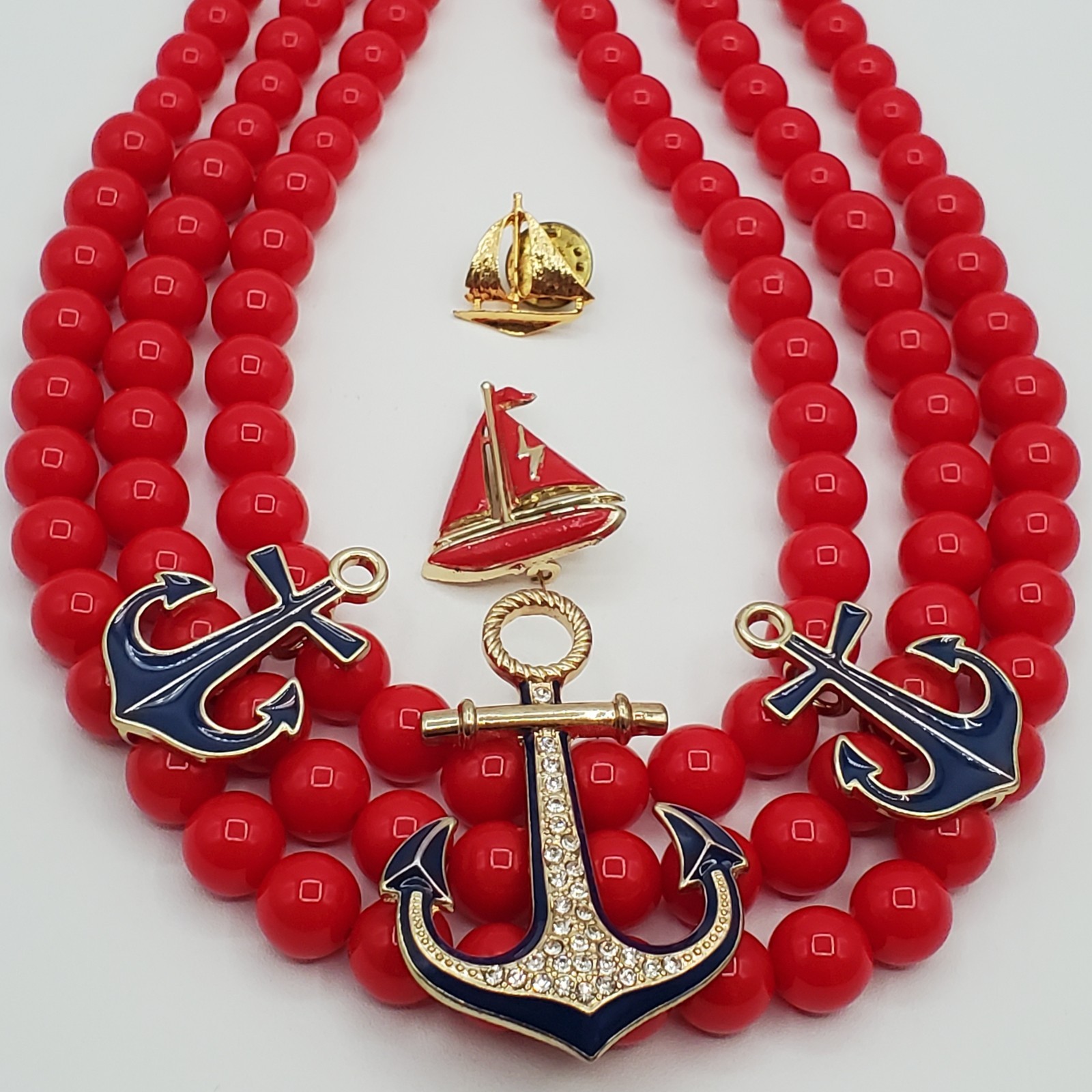 CC Nautical Set Necklace 19in Red Bead Triple Strand Blue Anchor 2 Sailboat Pins